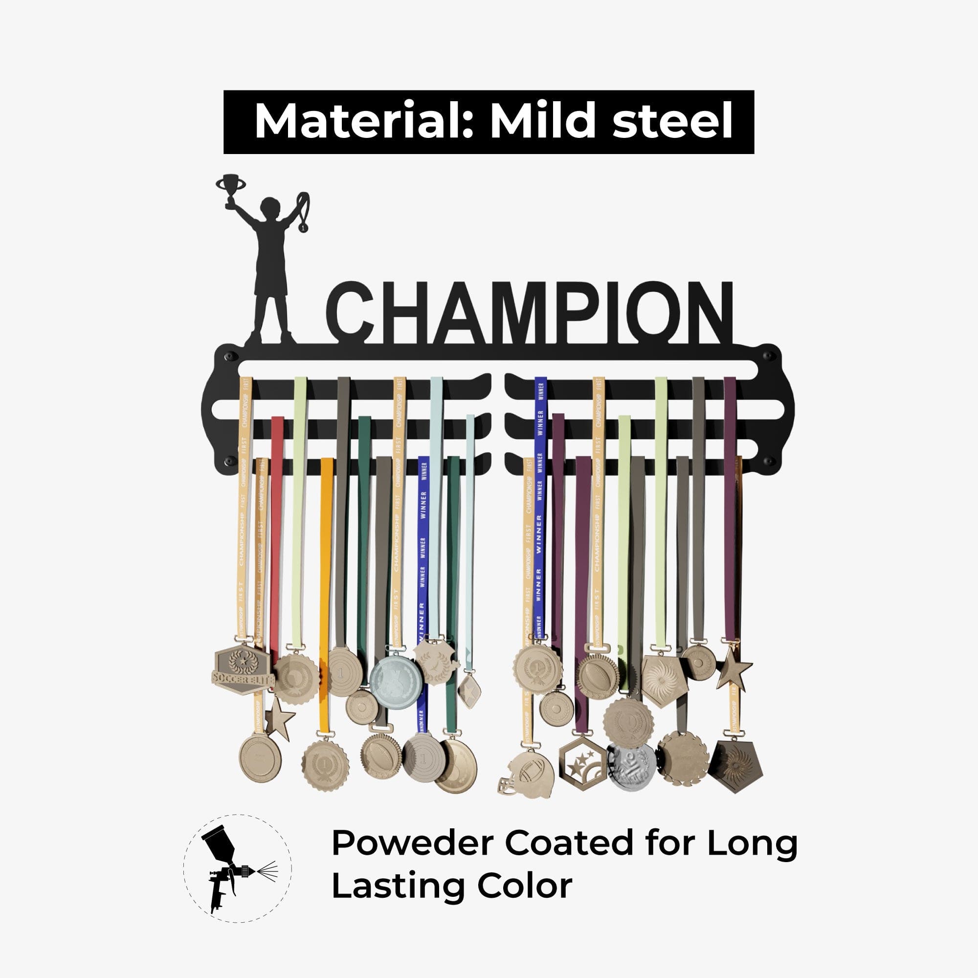 CHAMPION - Hang up to 60+ Medals - Steel (48 * 30 CM) - Glory Medal Hangers Wall Display | Black, Glossy Finish