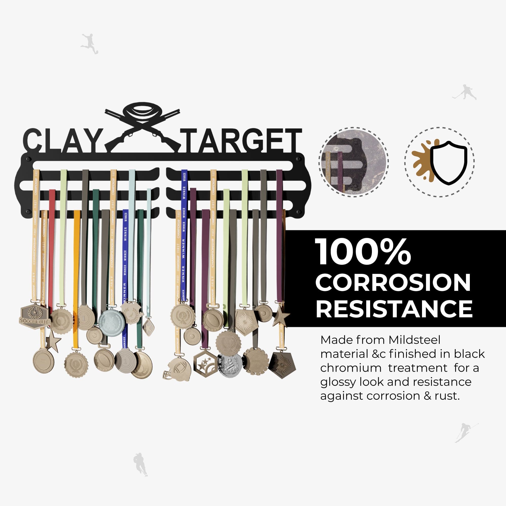 CLAY - Hang up to 60+ Medals - Steel (48 * 30 CM) - Glory Medal Hangers Wall Display | Black, Glossy Finish