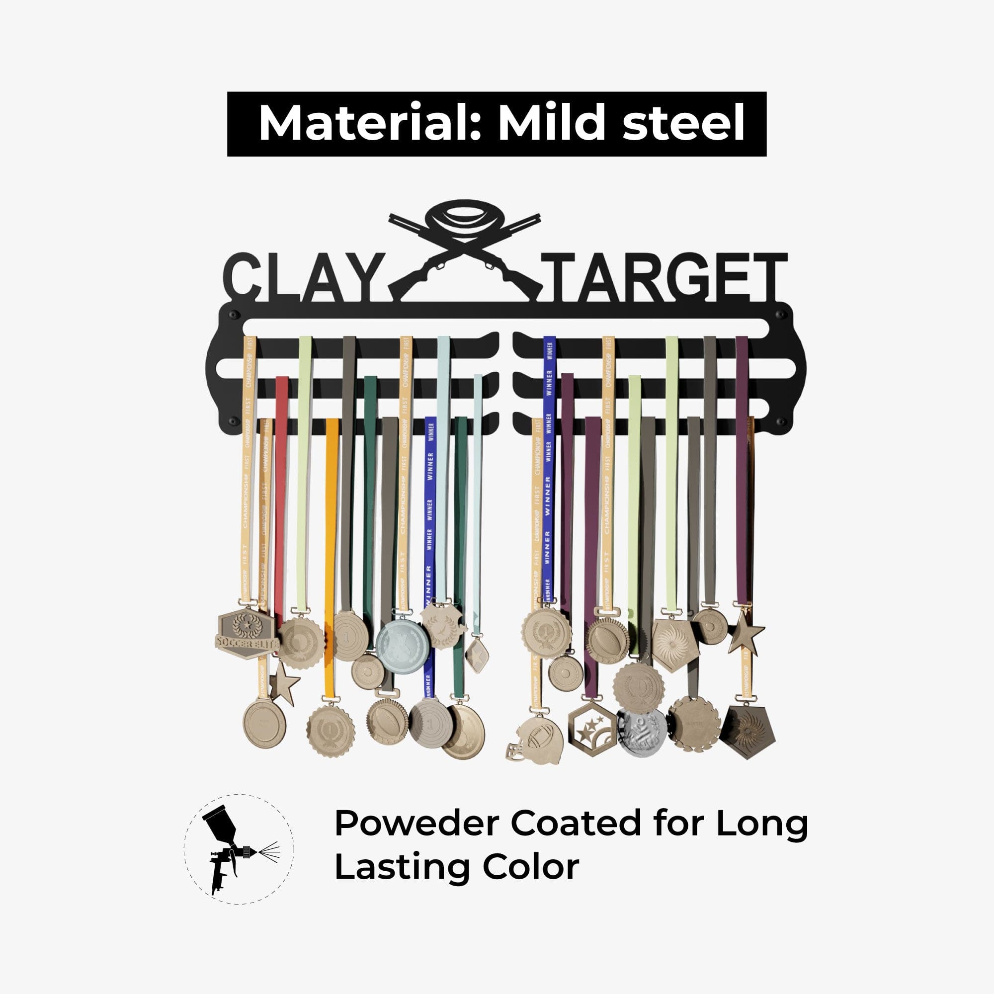 CLAY - Hang up to 60+ Medals - Steel (48 * 30 CM) - Glory Medal Hangers Wall Display | Black, Glossy Finish