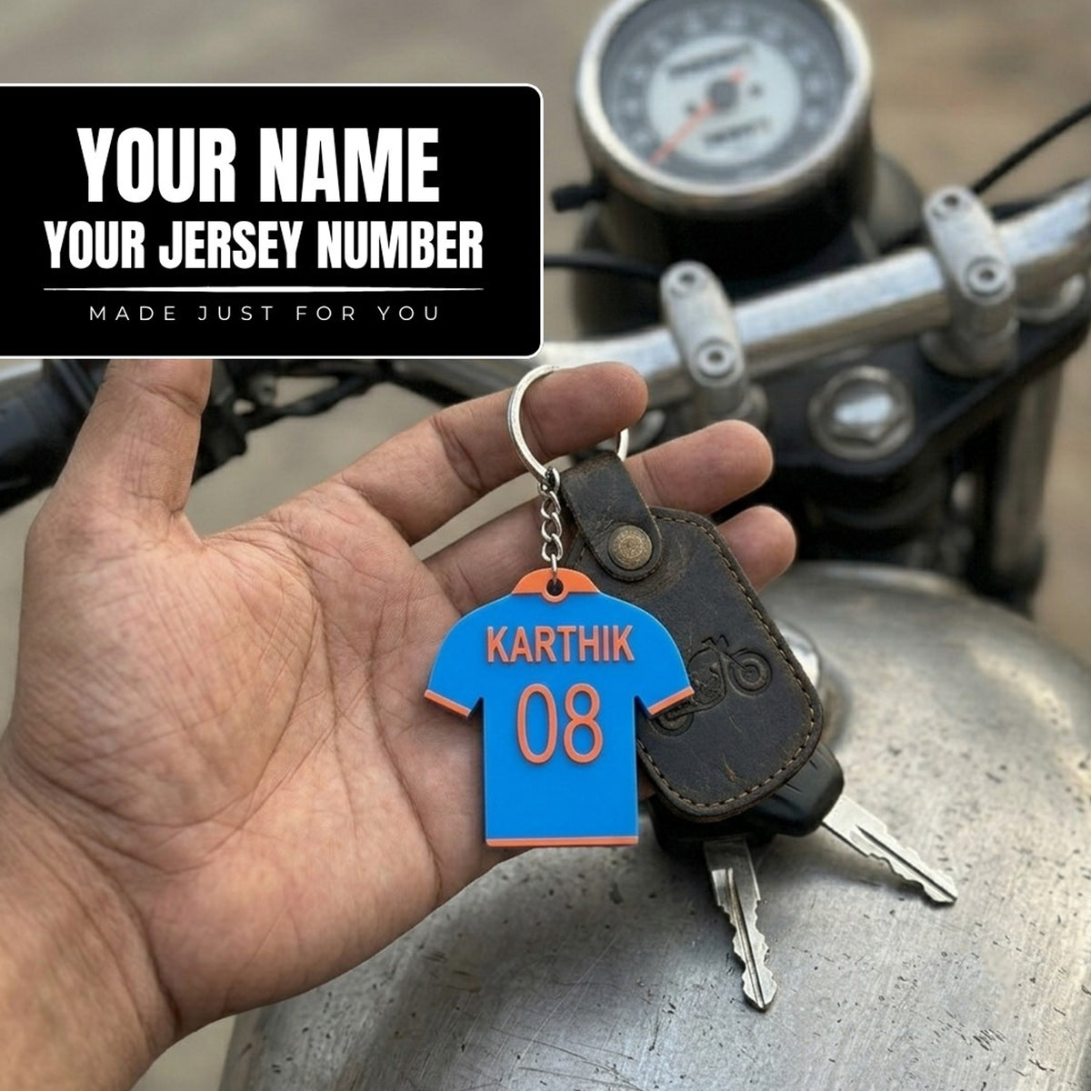 Customized Jersey Keychain with Name & Number | Personalized Sports Jersey Keychain | Sky Blue with Orange Border