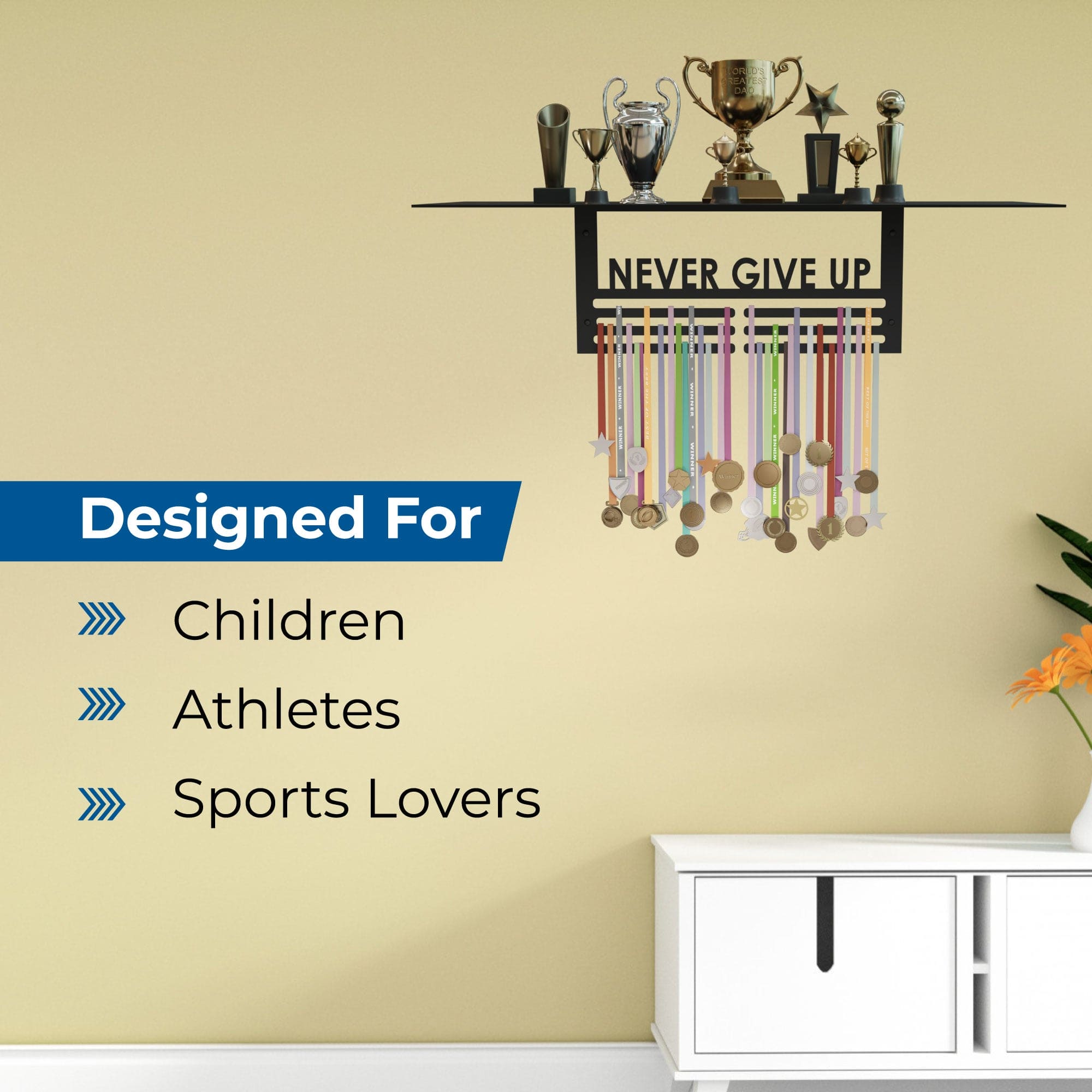 Trophy Rack with Medal Hanger - Never Give Up: Holds Up to 6 Trophies and 20 Medals – Glossy Black Finish – Metal Display for Sports Achievements – Perfect for Homes, Schools, and Sports Clubs