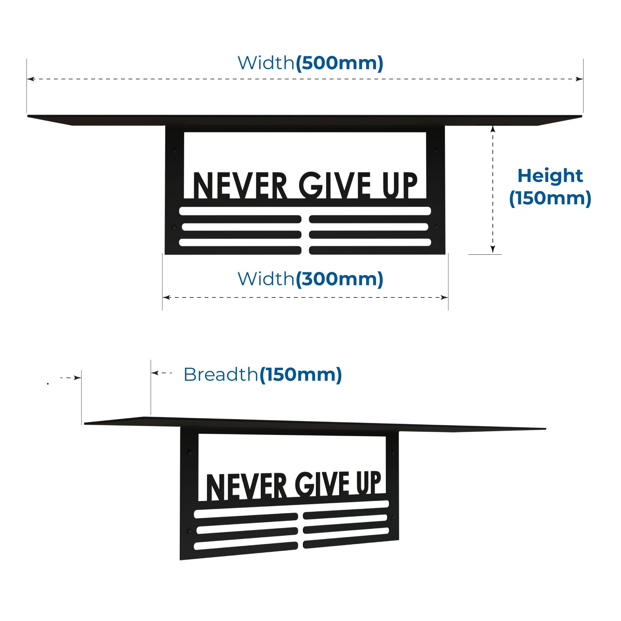 Glory Trophy Rack with Medal Hanger - Never Give Up: – Holds Up to 8 Trophies and 30 Medals – Glossy Black Finish – Metal Display for Sports Achievements