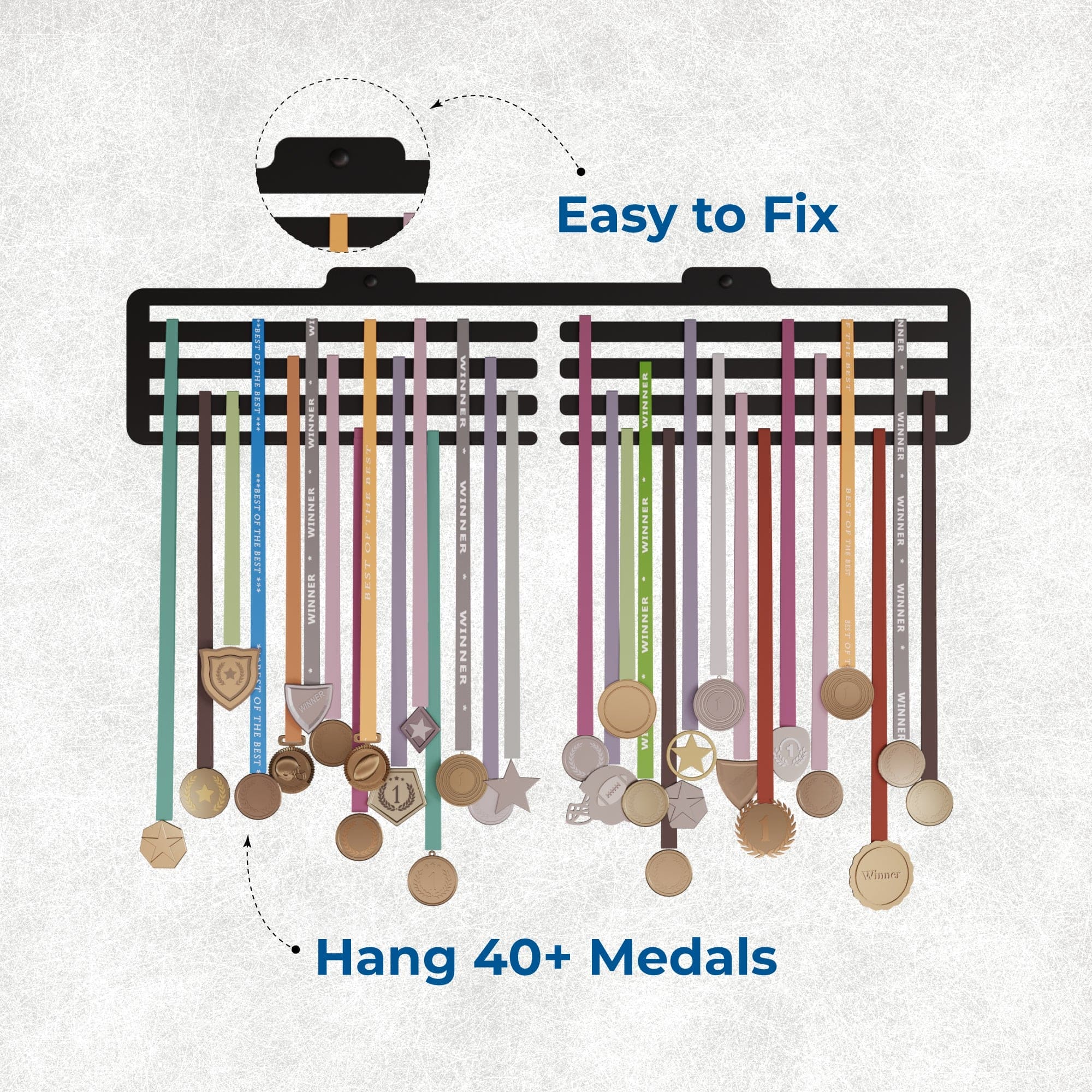 Plain Display Medal Holder - Holds Up to 45 Medals (38 * 08 CM) Sports Wall Display | Steel | Black, Glossy Finish