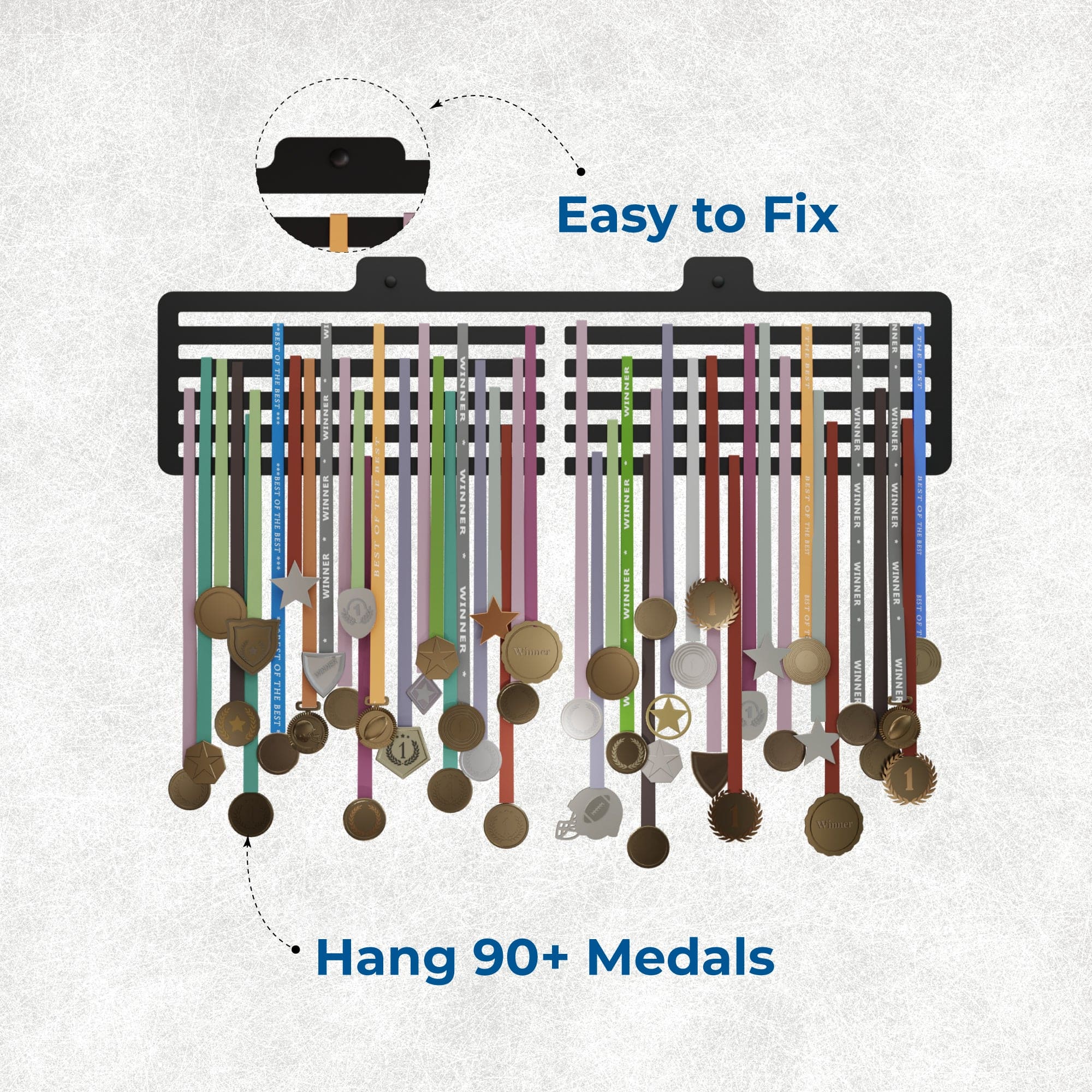 GLORY MEDAL HANGERS | Plain Display Medal Holder - Holds Up to 90 Medals Sports Wall Display | Steel | Black, Glossy Finish (Large Holds Up to 90 Medals)