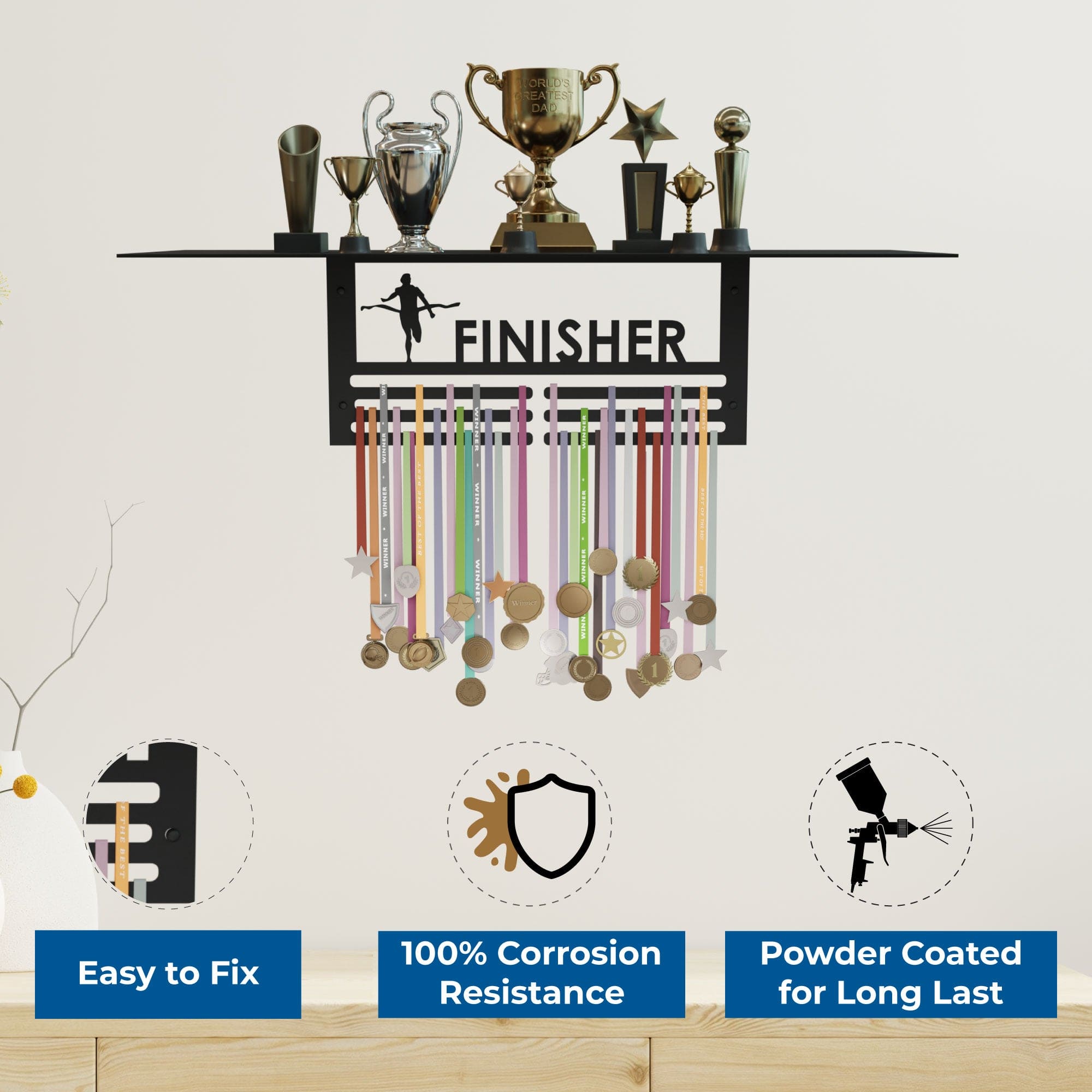 Glory Trophy Rack with Medal Hanger - Finisher – Holds Up to 8 Trophies and 30 Medals – Glossy Black Finish – Metal Display for Sports Achievements – Perfect for Homes.