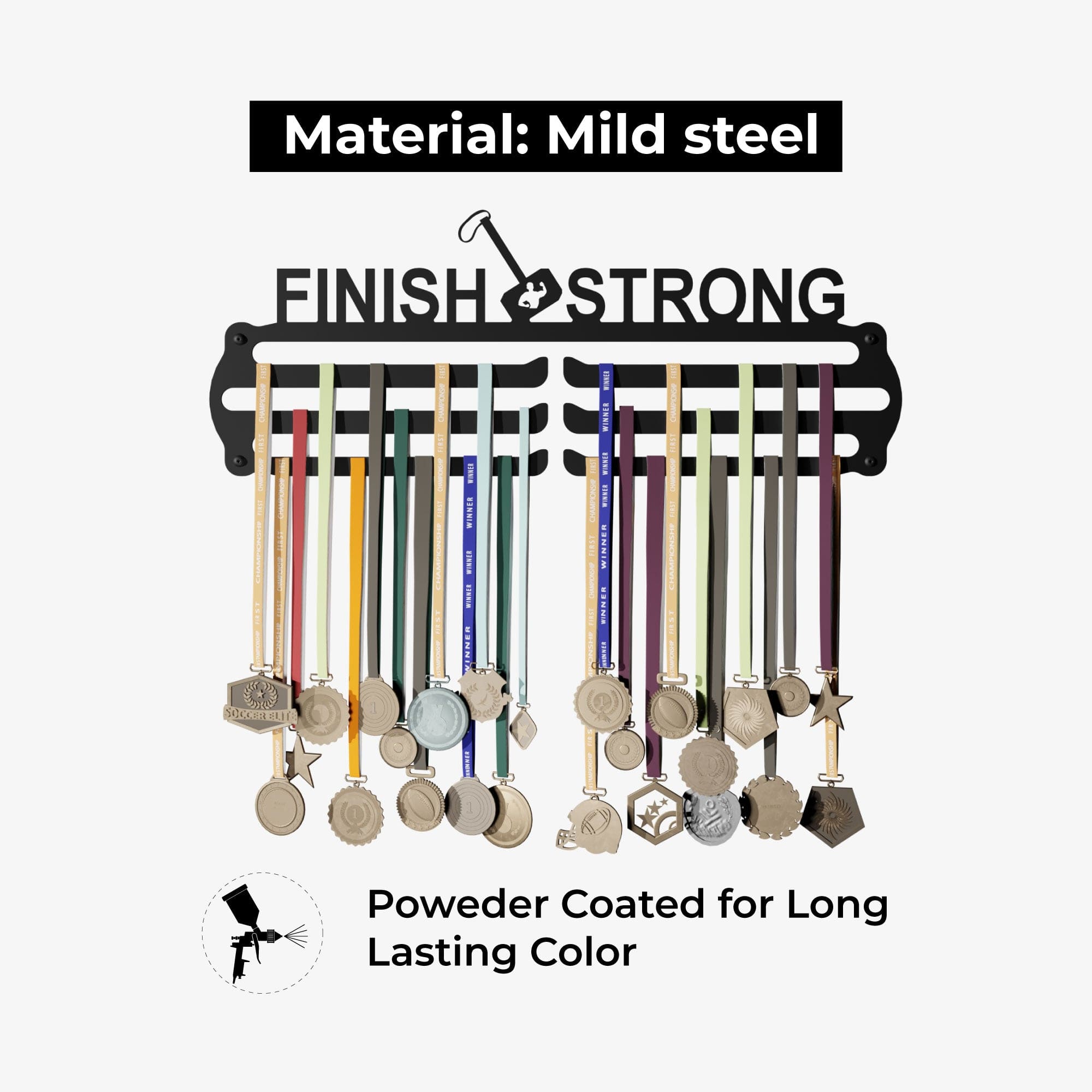 FINISH - Hang up to 60+ Medals - Steel (48 * 30 CM) - Glory Medal Hangers Wall Display | Black, Glossy Finish
