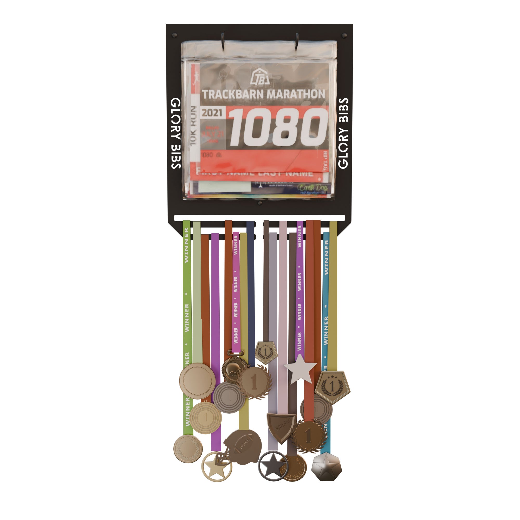 Bib Medal Hanger – Metal Wall Display for Marathon & Race Medals with Bib Holder - Holds up to 20 Bibs and 45 Medals