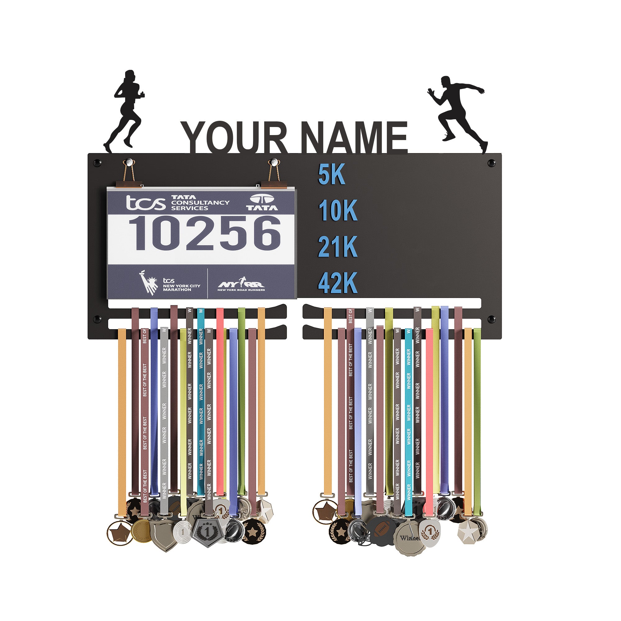GLORY MEDAL HANGERS Personalized Marathon Bib & Medal Display Board | Running & Sports Achievement Holder | Hold Upto 40 Medals