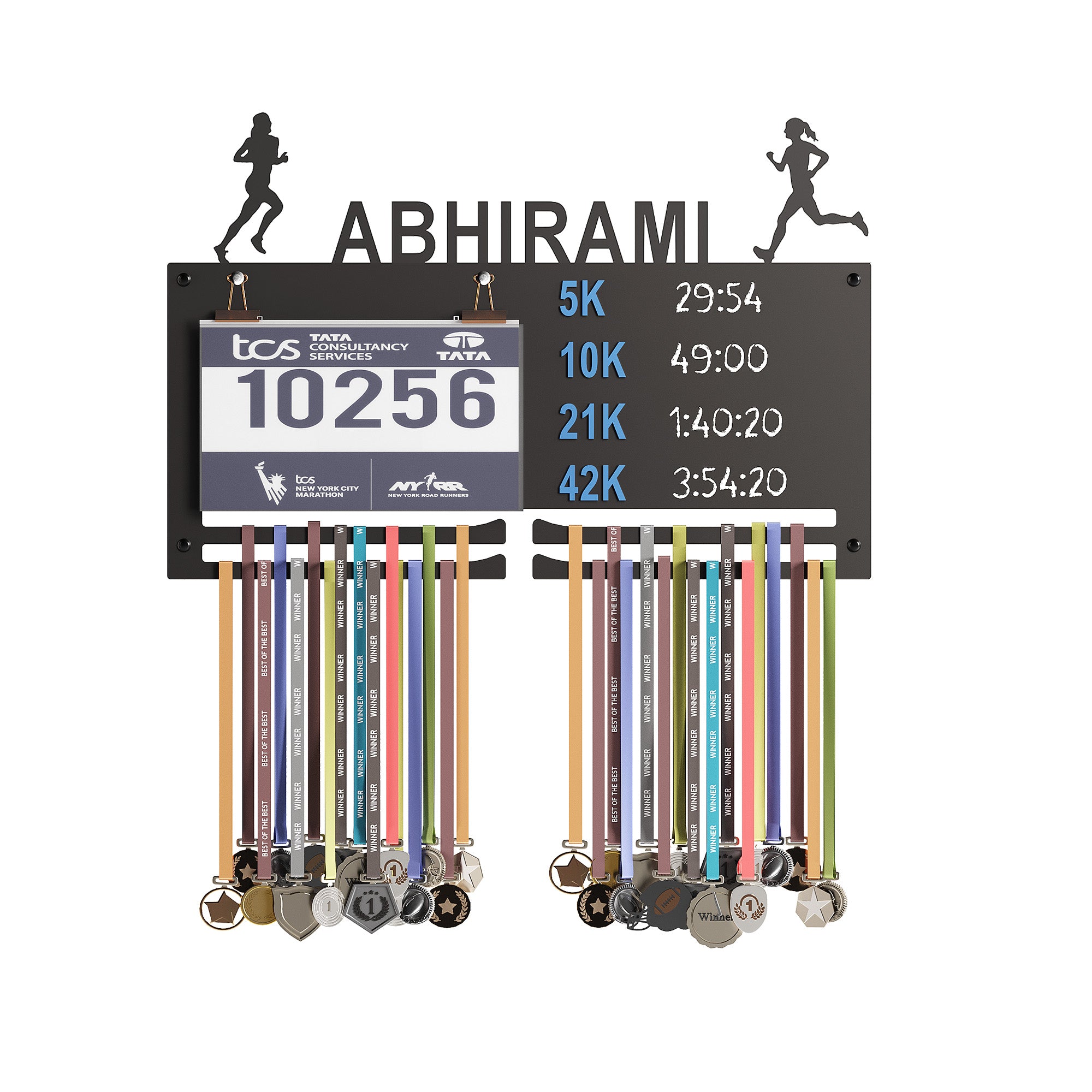 GLORY MEDAL HANGERS Personalized Marathon Bib & Medal Display Board | Running & Sports Achievement Holder | Hold Upto 40 Medals