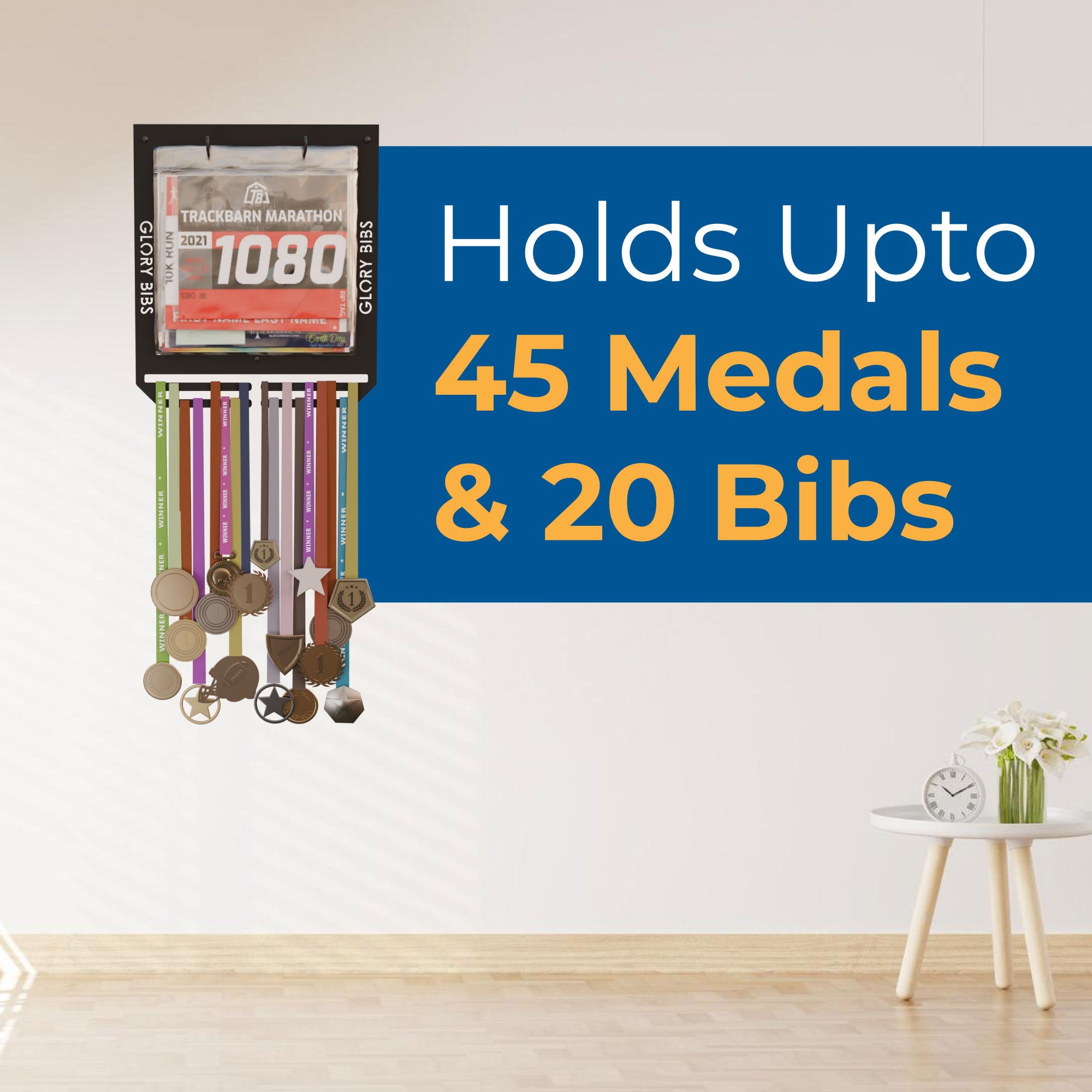 Bib Medal Hanger – Metal Wall Display for Marathon & Race Medals with Bib Holder - Holds up to 20 Bibs and 45 Medals