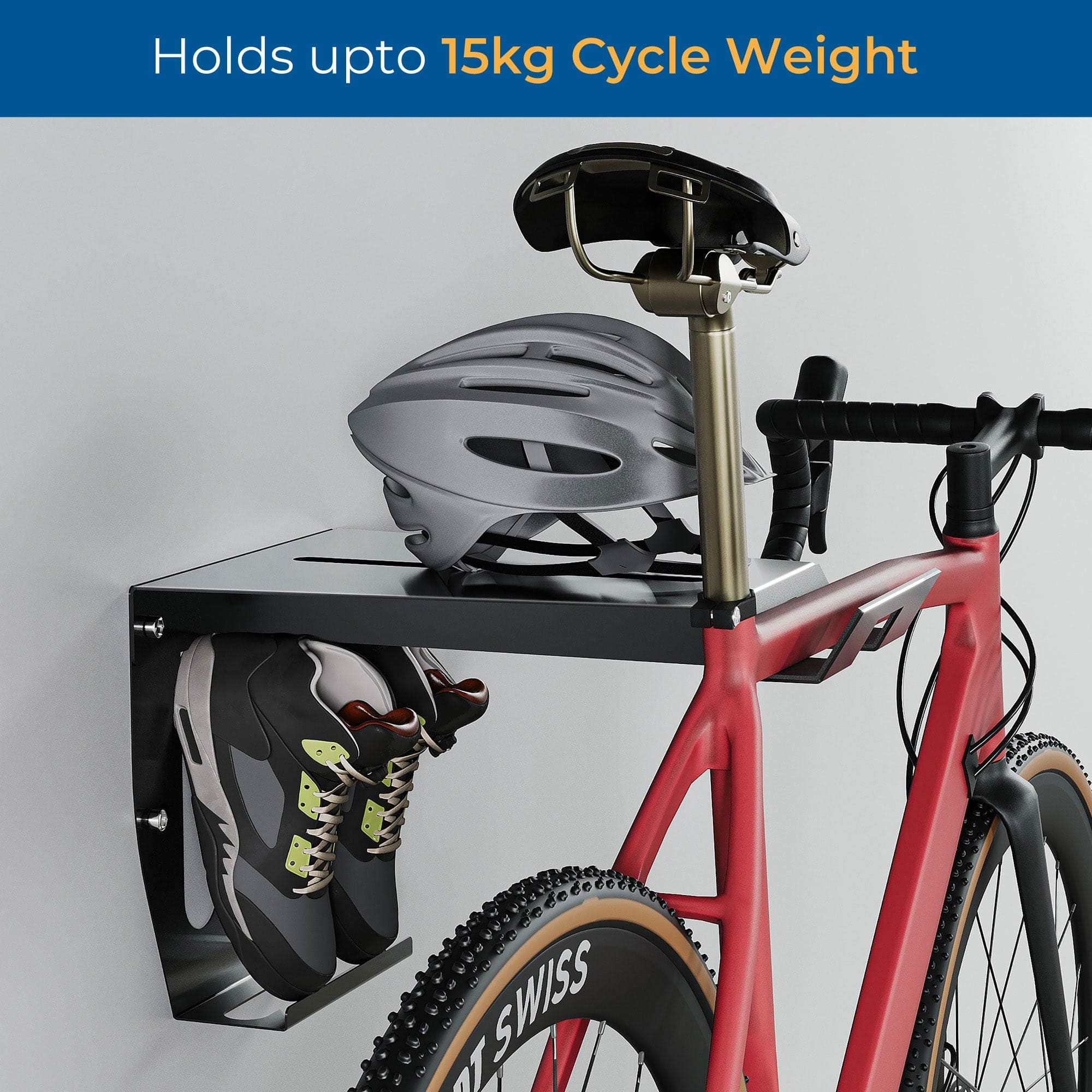 Glory Bicycle Wall Mount with Shelf - Cycling Indoor Bike Storage | Organise Helmet, Sun Glass, Shoe.