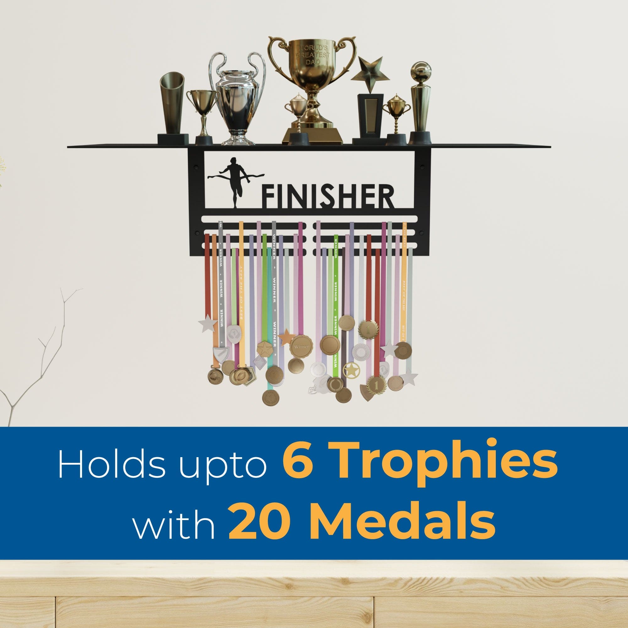 Victory Wall - Finisher Edition: Trophy Rack with Medal Hanger – Holds Up to 6 Trophies and 20 Medals – Glossy Black Finish – Metal Display for Sports Achievements – Perfect for Homes, Schools, and Sports Clubs