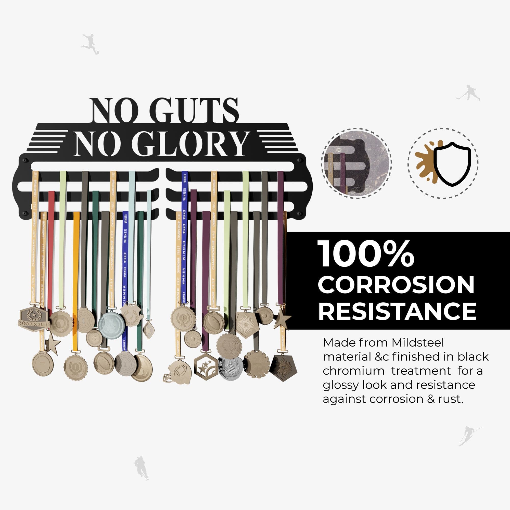 NO GUTS - Hang up to 60+ Medals - Steel (48 * 30 CM) - Glory Medal Hangers Wall Display | Black, Glossy Finish