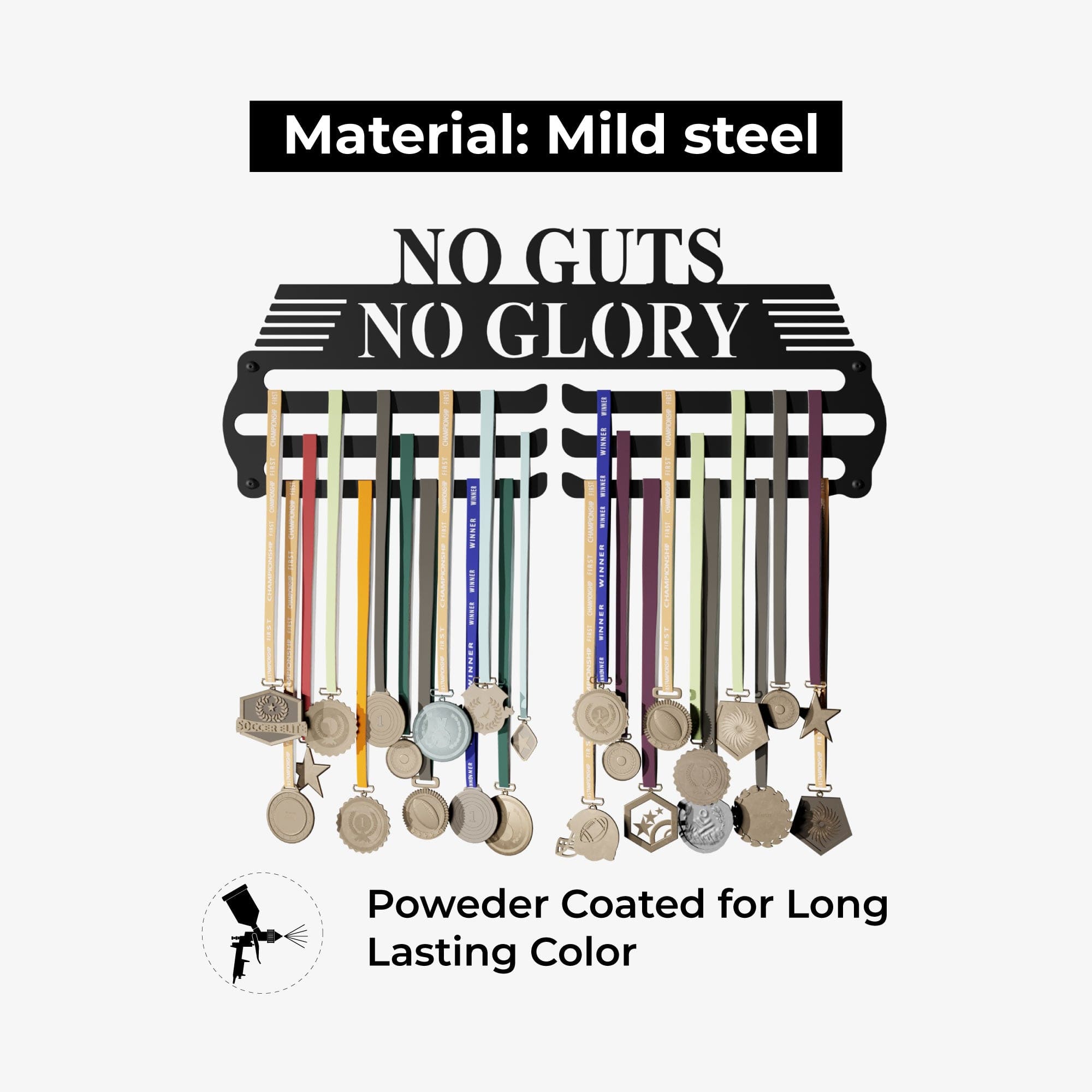 NO GUTS - Hang up to 60+ Medals - Steel (48 * 30 CM) - Glory Medal Hangers Wall Display | Black, Glossy Finish