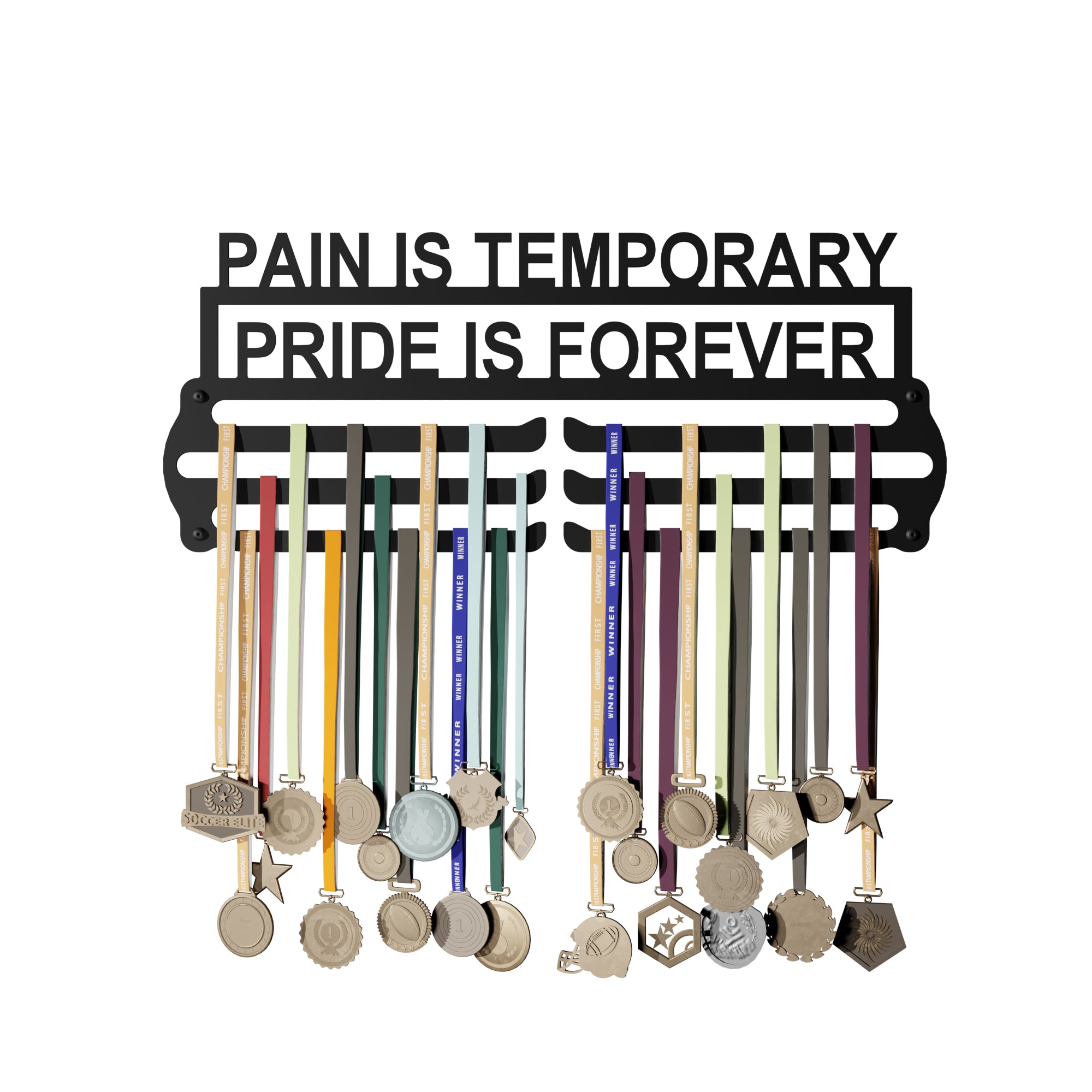 PAIN IS TEMP - Hang up to 60+ Medals - Steel (48 * 30 CM) - Glory Medal Hangers Wall Display | Black, Glossy Finish