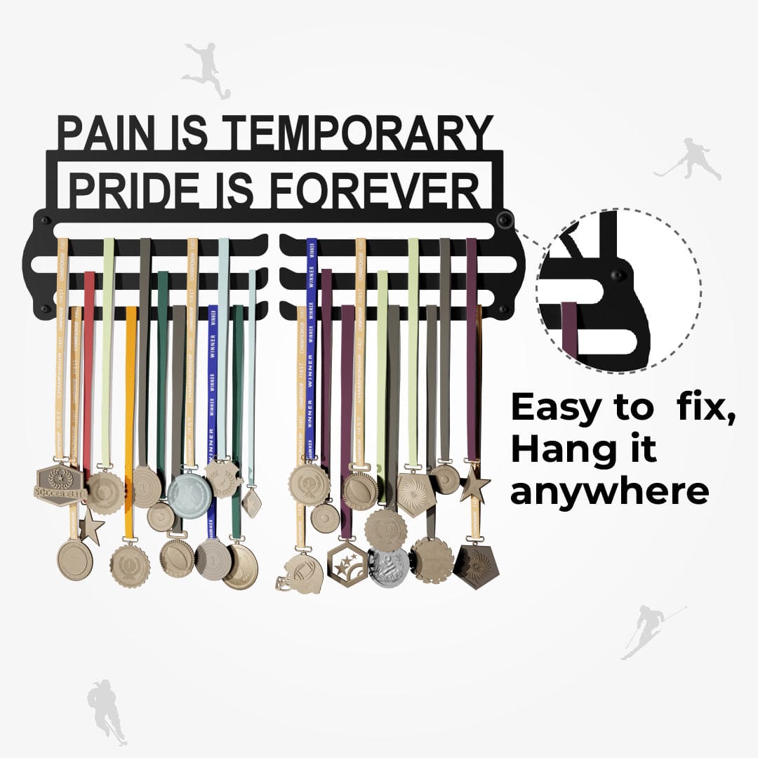 PAIN IS TEMP - Hang up to 60+ Medals - Steel (48 * 30 CM) - Glory Medal Hangers Wall Display | Black, Glossy Finish