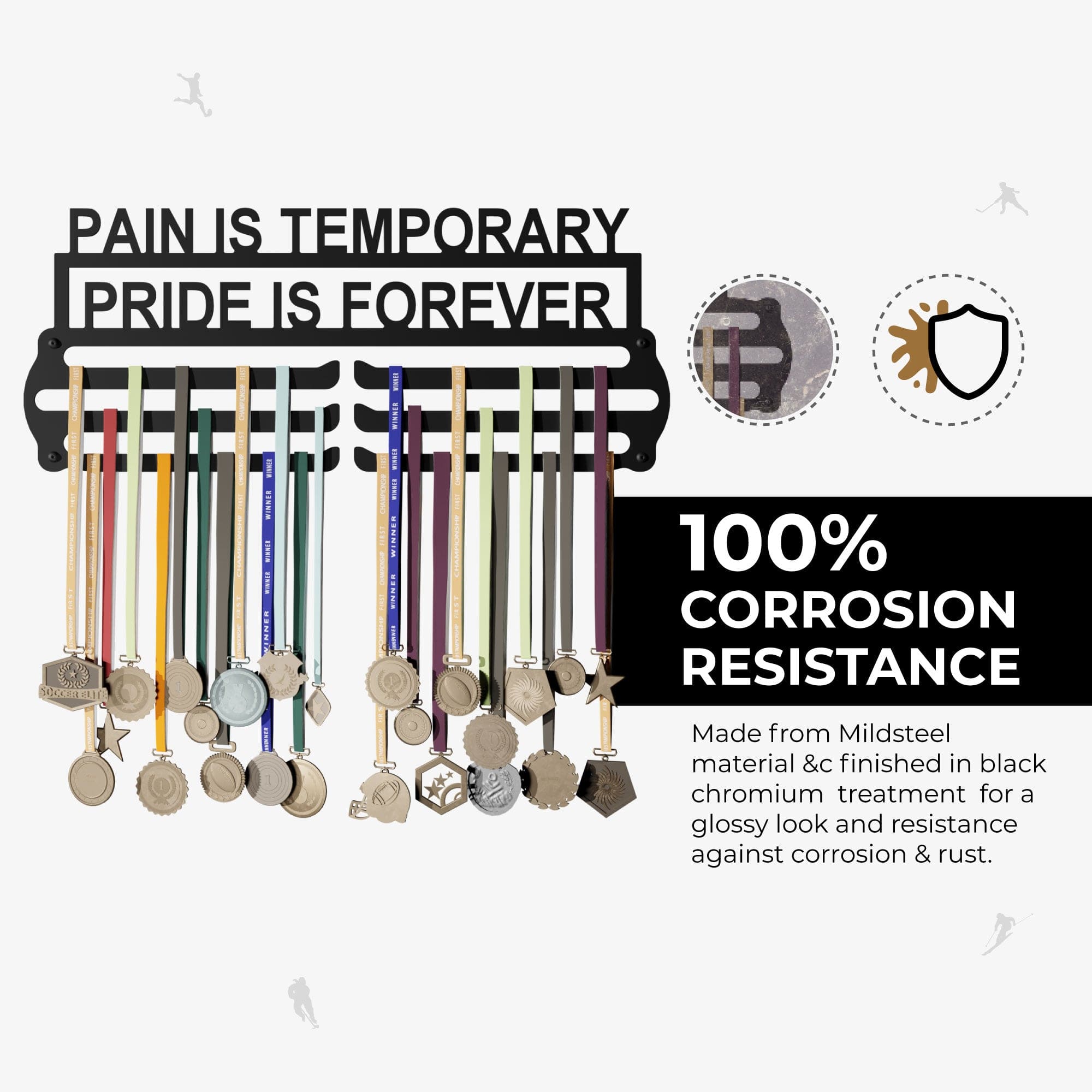 PAIN IS TEMP - Hang up to 60+ Medals - Steel (48 * 30 CM) - Glory Medal Hangers Wall Display | Black, Glossy Finish
