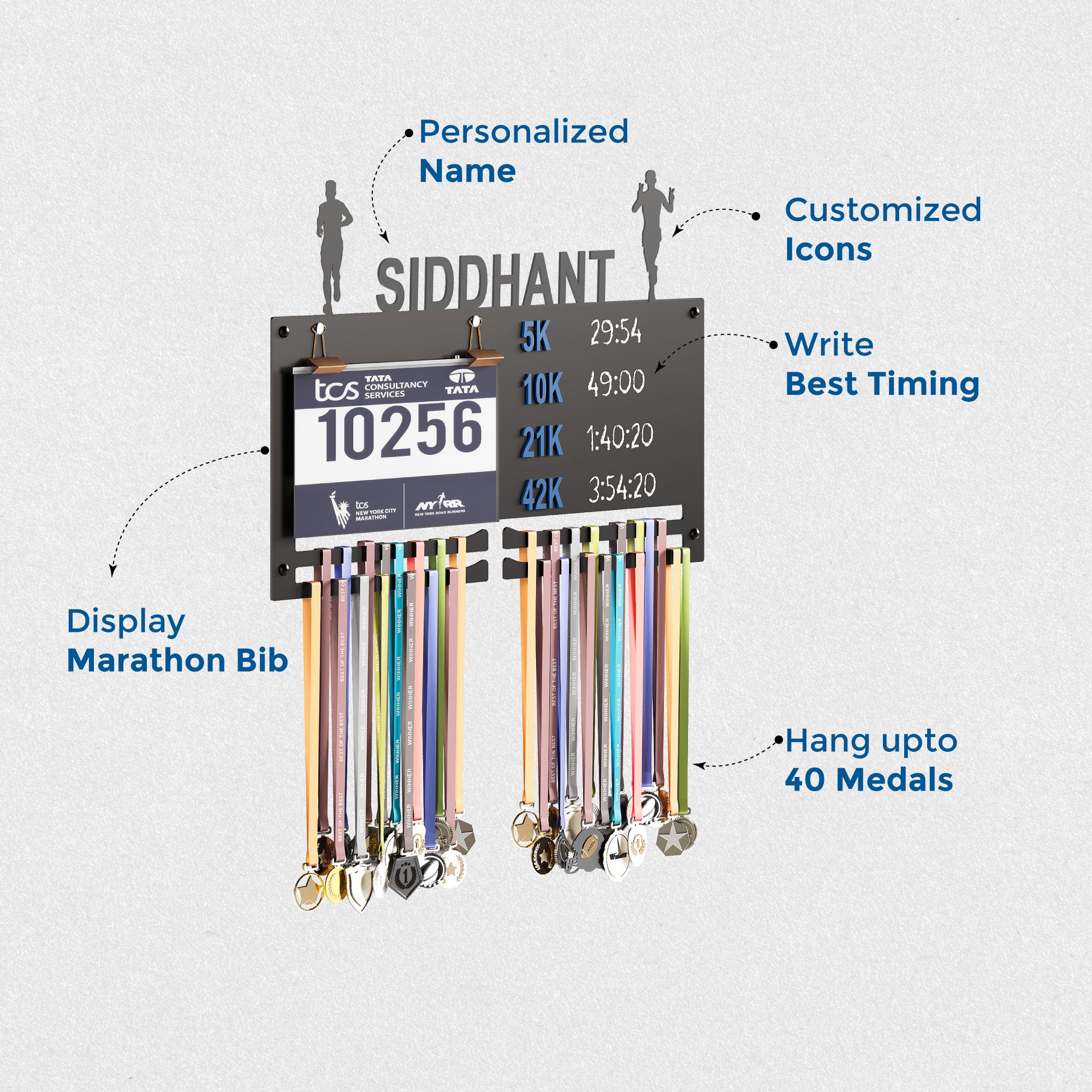 GLORY MEDAL HANGERS Personalized Marathon Bib & Medal Display Board | Running & Sports Achievement Holder | Hold Upto 40 Medals