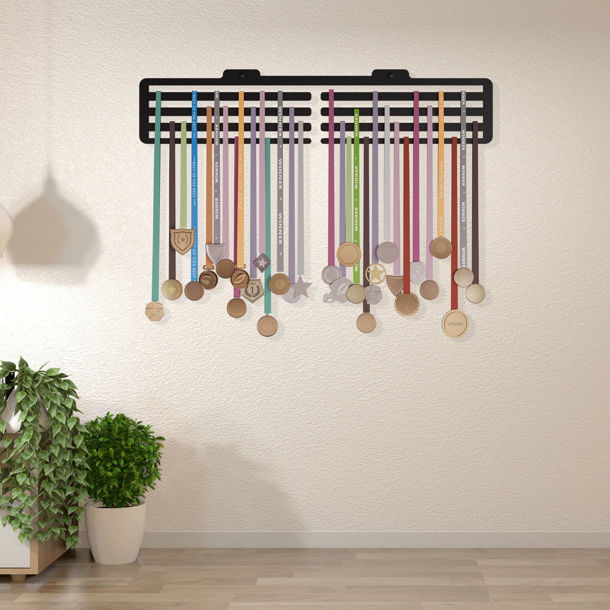 Plain Display Medal Holder - Holds Up to 45 Medals (38 * 08 CM) Sports Wall Display | Steel | Black, Glossy Finish