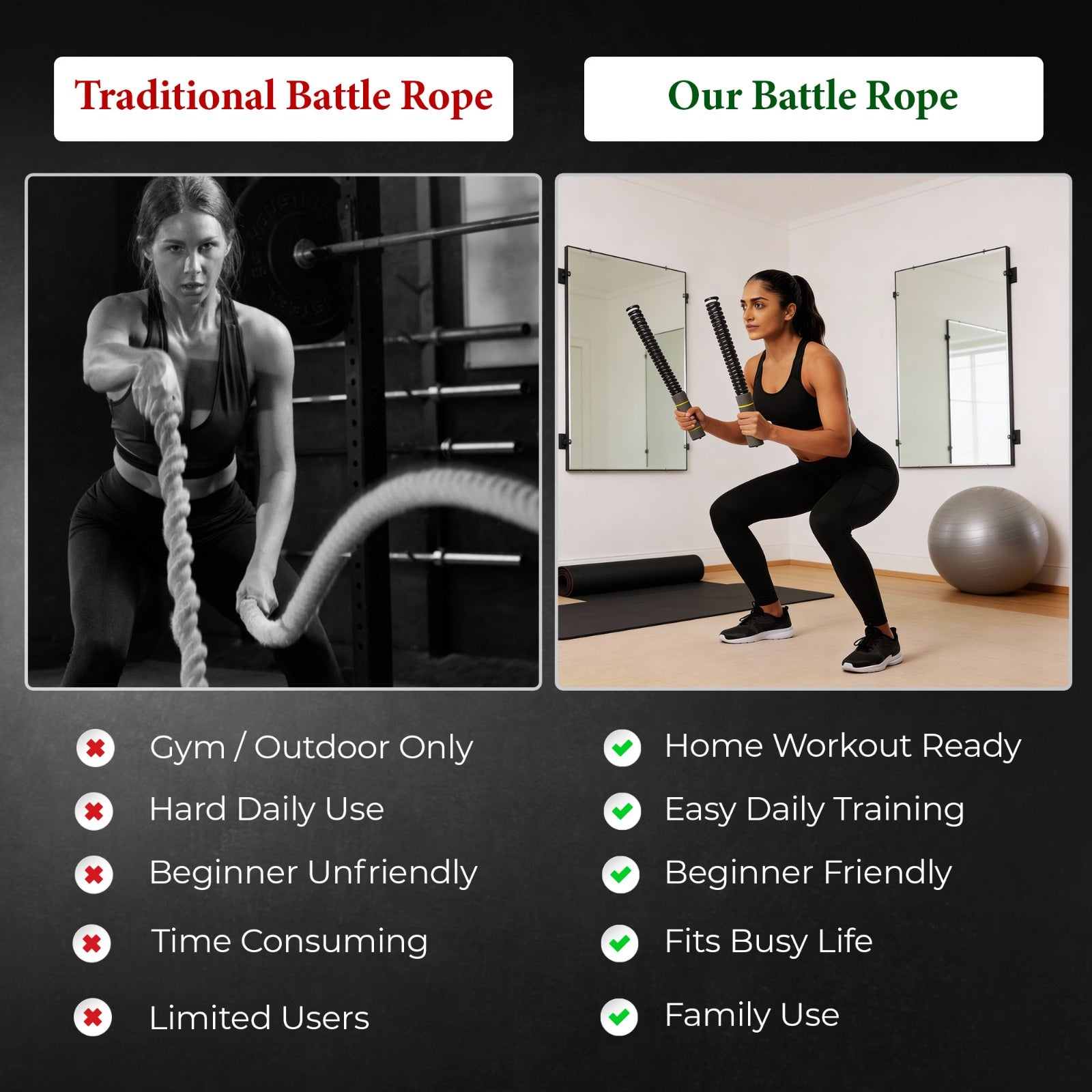 Glory Ropeless Spring Battle Rope Set of 2 – Portable Full Body Trainer for Strength, Cardio, HIIT & Muscle Building | Ideal for Small Rooms & Home Gyms Workouts