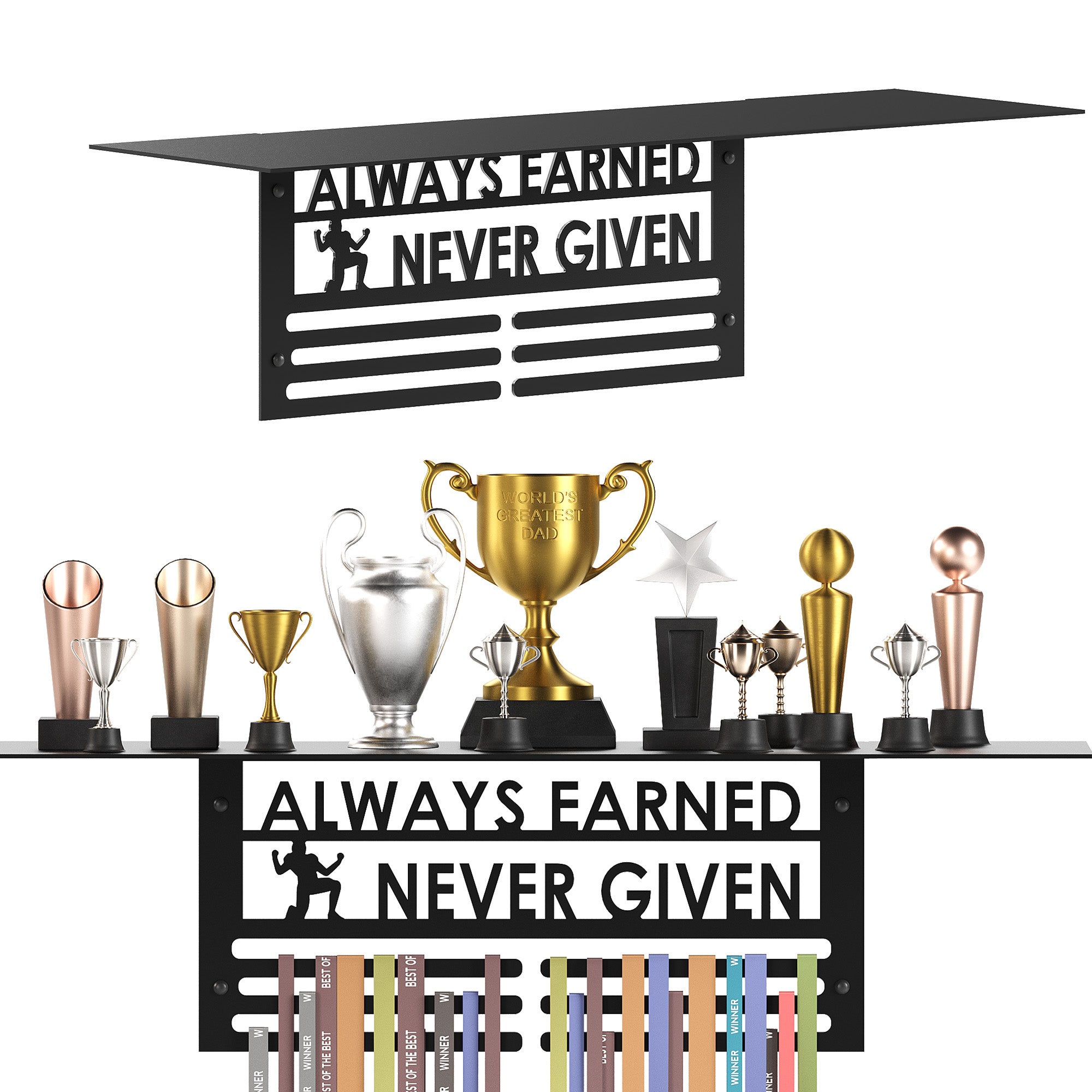 Glory Trophy Rack with Medal Hanger - Always Earned Never Given– Holds Up to 8 Trophies and 30 Medals – Glossy Black Finish – Metal Display for Sports Achievements – Perfect for Homes