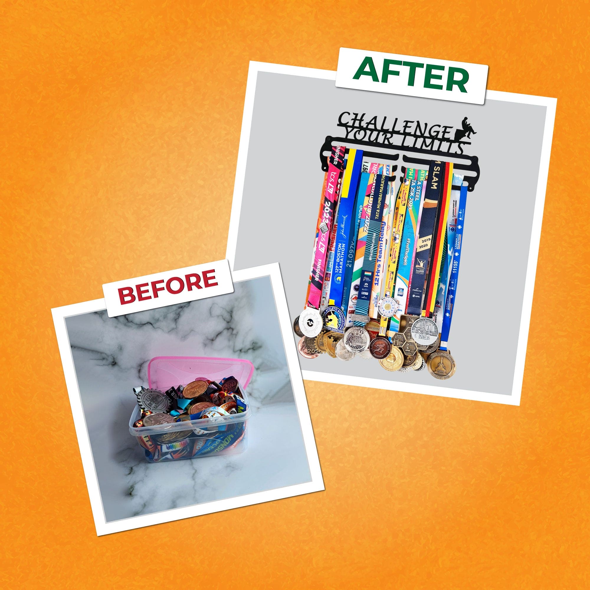 CHALLENGE - Hang up to 60+ Medals - Steel (48 * 30 CM) - Glory Medal Hangers Wall Display | Black, Glossy Finish