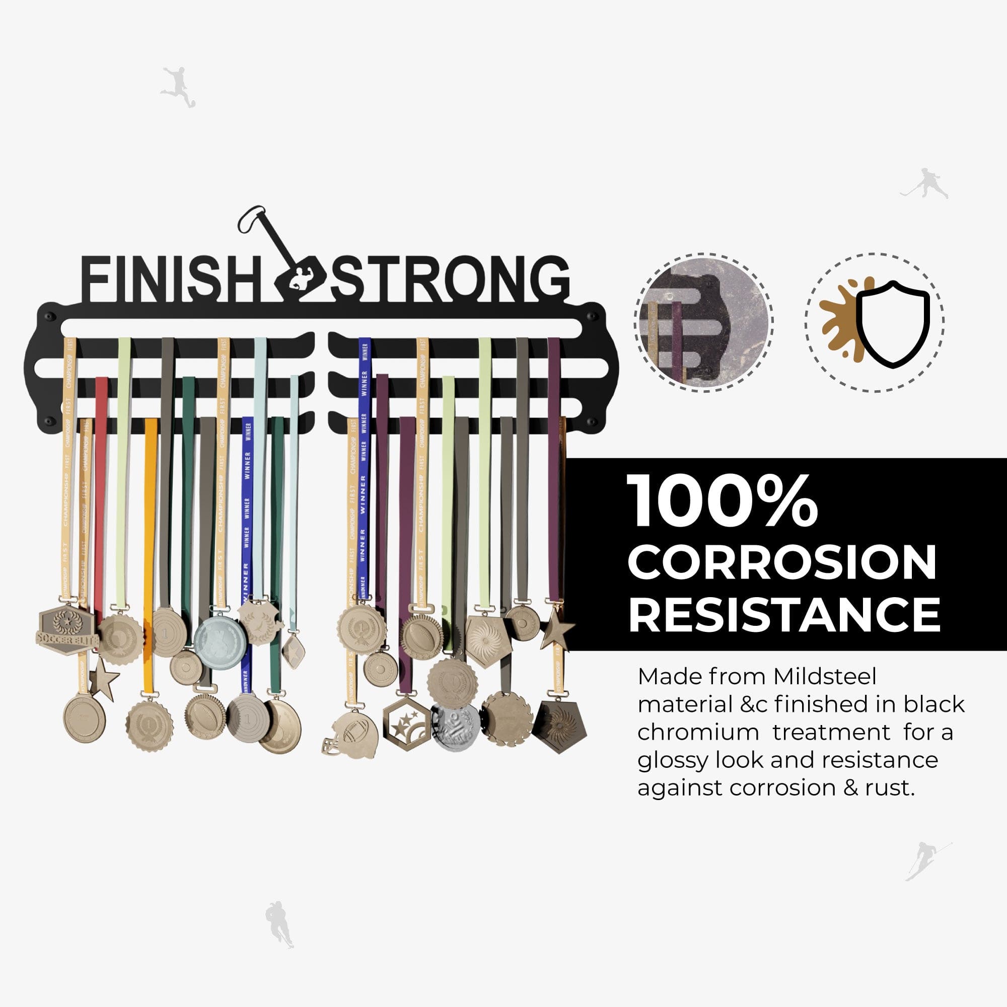 FINISH - Hang up to 60+ Medals - Steel (48 * 30 CM) - Glory Medal Hangers Wall Display | Black, Glossy Finish