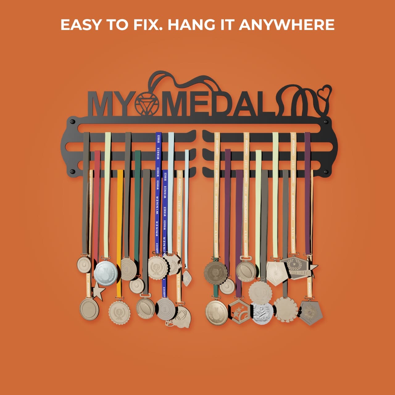 MY MEDAL - Hang up to 60+ Medals - Steel (48 * 30 CM) - Glory Medal Hangers Wall Display | Black, Glossy Finish