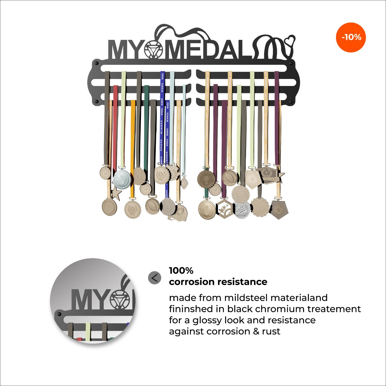 MY MEDAL - Hang up to 60+ Medals - Steel (48 * 30 CM) - Glory Medal Hangers Wall Display | Black, Glossy Finish