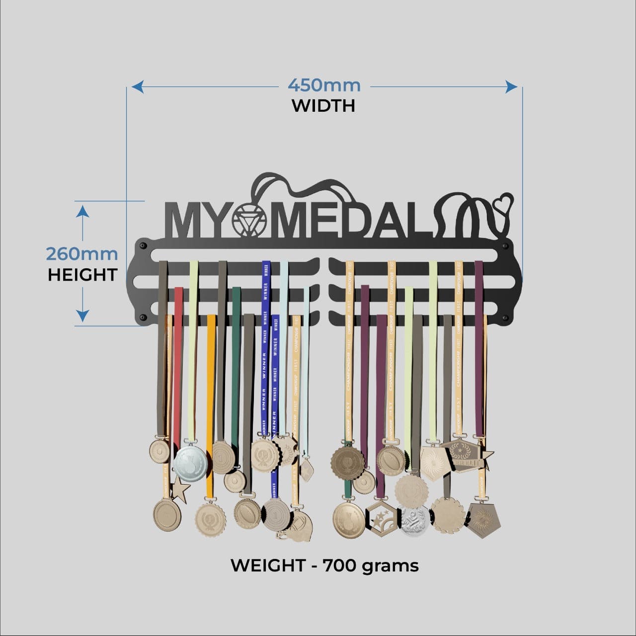 MY MEDAL - Hang up to 60+ Medals - Steel (48 * 30 CM) - Glory Medal Hangers Wall Display | Black, Glossy Finish