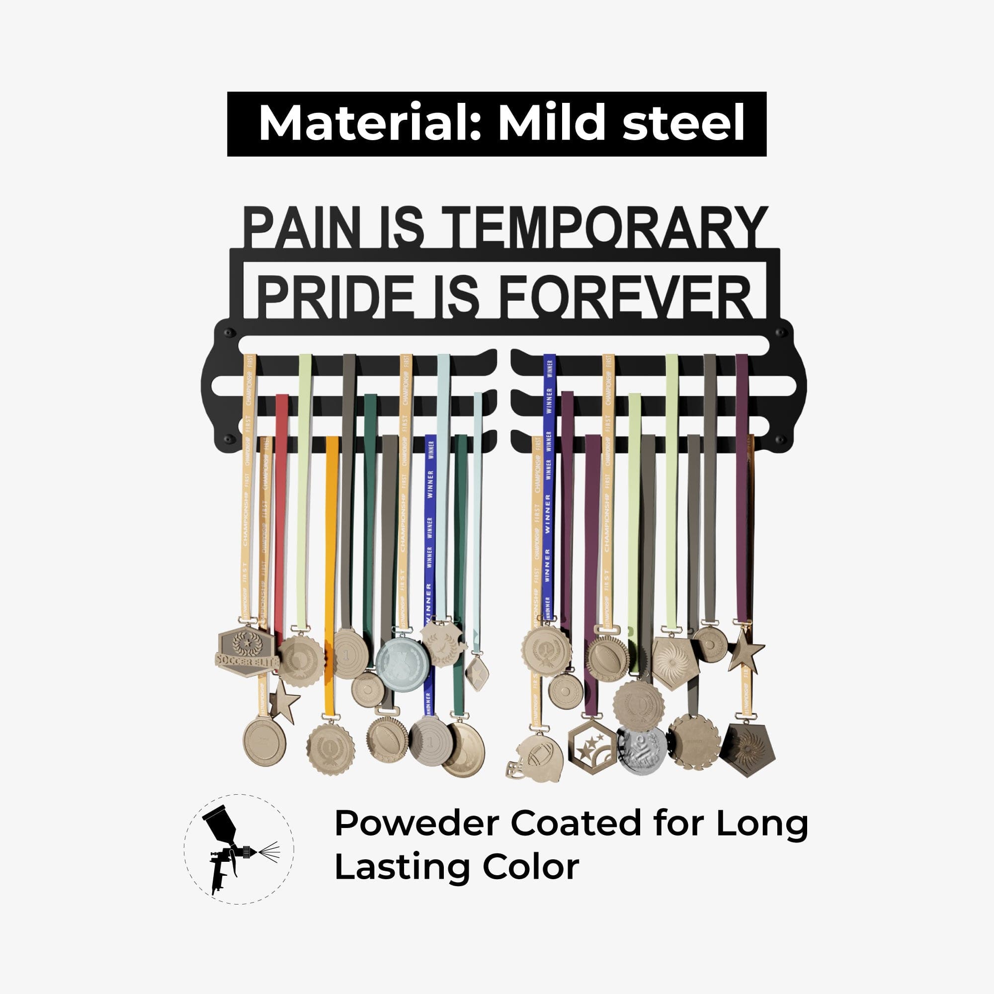 PAIN IS TEMP - Hang up to 60+ Medals - Steel (48 * 30 CM) - Glory Medal Hangers Wall Display | Black, Glossy Finish