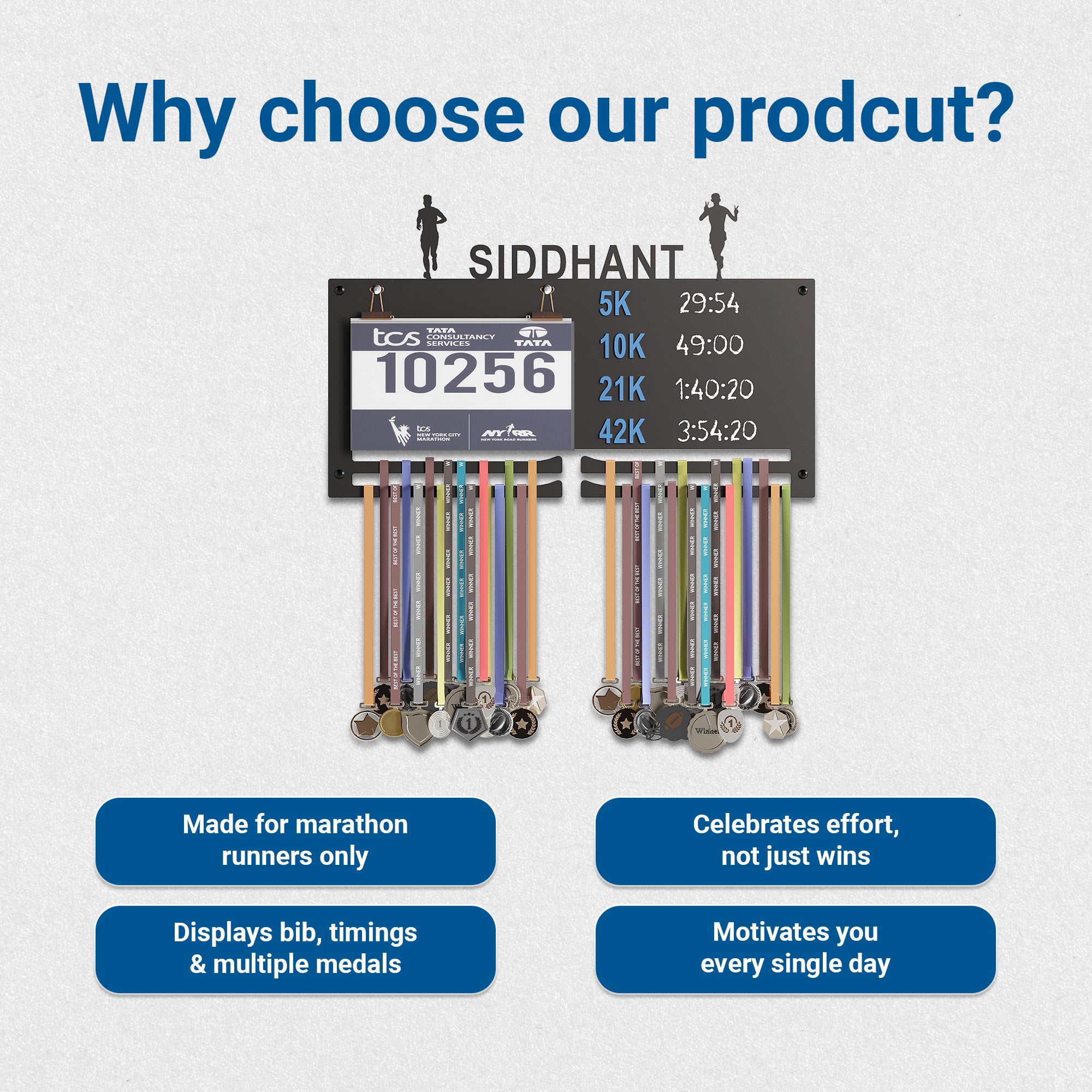 GLORY MEDAL HANGERS Personalized Marathon Bib & Medal Display Board | Running & Sports Achievement Holder | Hold Upto 40 Medals