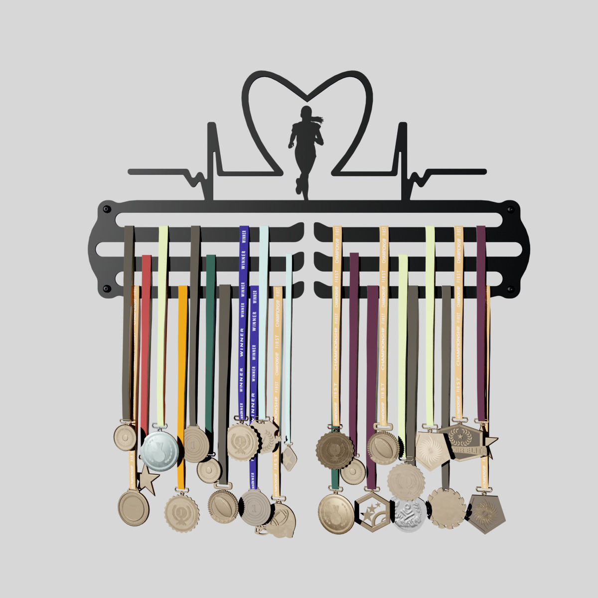 Heart Rate Girl -  Hang up to 60+ Medals - Steel (48 * 30 CM) - Glory Medal Hangers Wall Display | Black, Glossy Finish