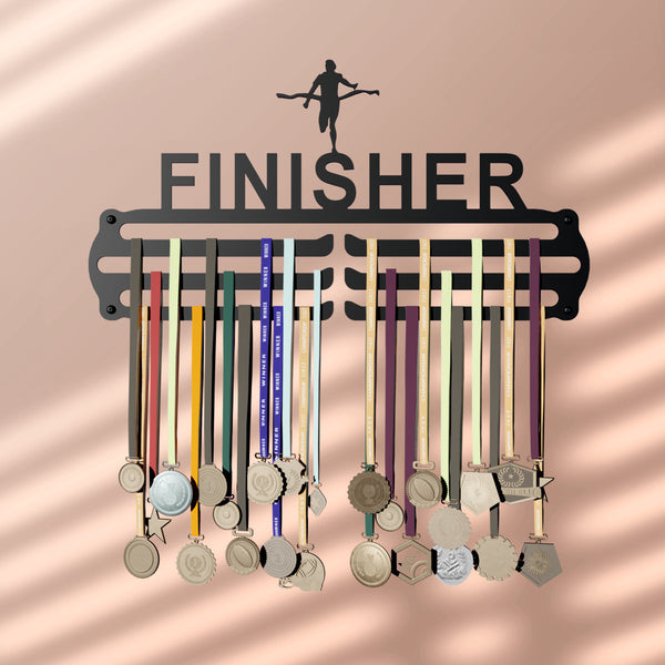 Finish Strong - Steel (48 * 30 CM) - Glory Medal Hangers Wall Display | Up to 45 Medals | Black, Glossy Finish