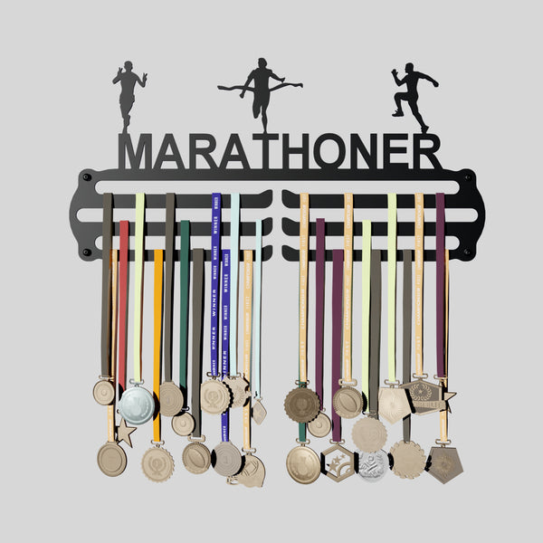 Marathoner Design - Steel (48 * 30 CM) - Glory Medal Hangers Wall Display | Up to 45 Medals | Black, Glossy Finish