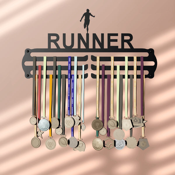 Runner Design - Hang up to 60+ Medals - Steel (48 * 30 CM) - Glory Medal Hangers Wall Display | Black, Glossy Finish