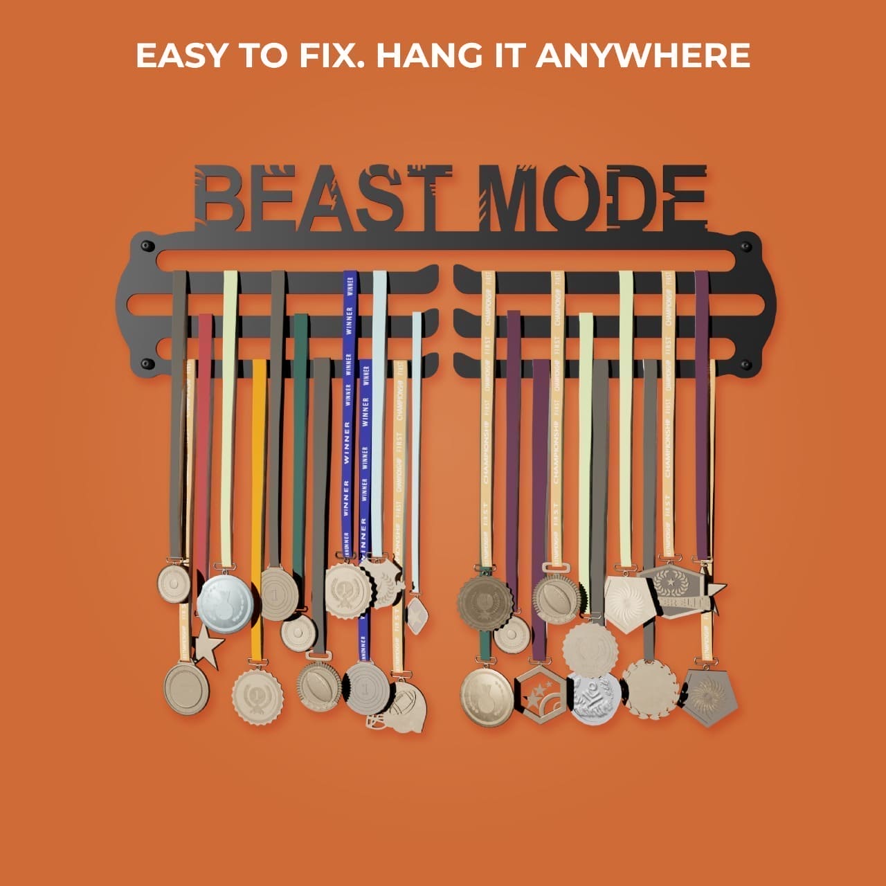 BEAST MODE - Hang up to 60+ Medals - Steel (48 * 30 CM) - Glory Medal Hangers Wall Display | Black, Glossy Finish