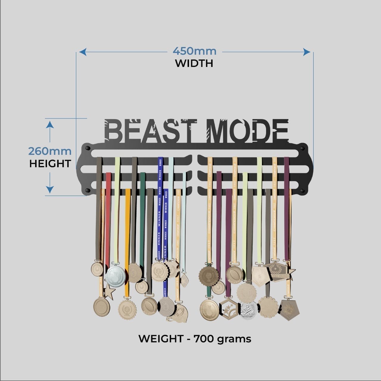 BEAST MODE - Hang up to 60+ Medals - Steel (48 * 30 CM) - Glory Medal Hangers Wall Display | Black, Glossy Finish