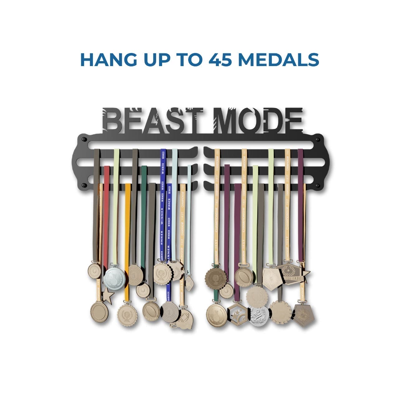 BEAST MODE - Hang up to 60+ Medals - Steel (48 * 30 CM) - Glory Medal Hangers Wall Display | Black, Glossy Finish