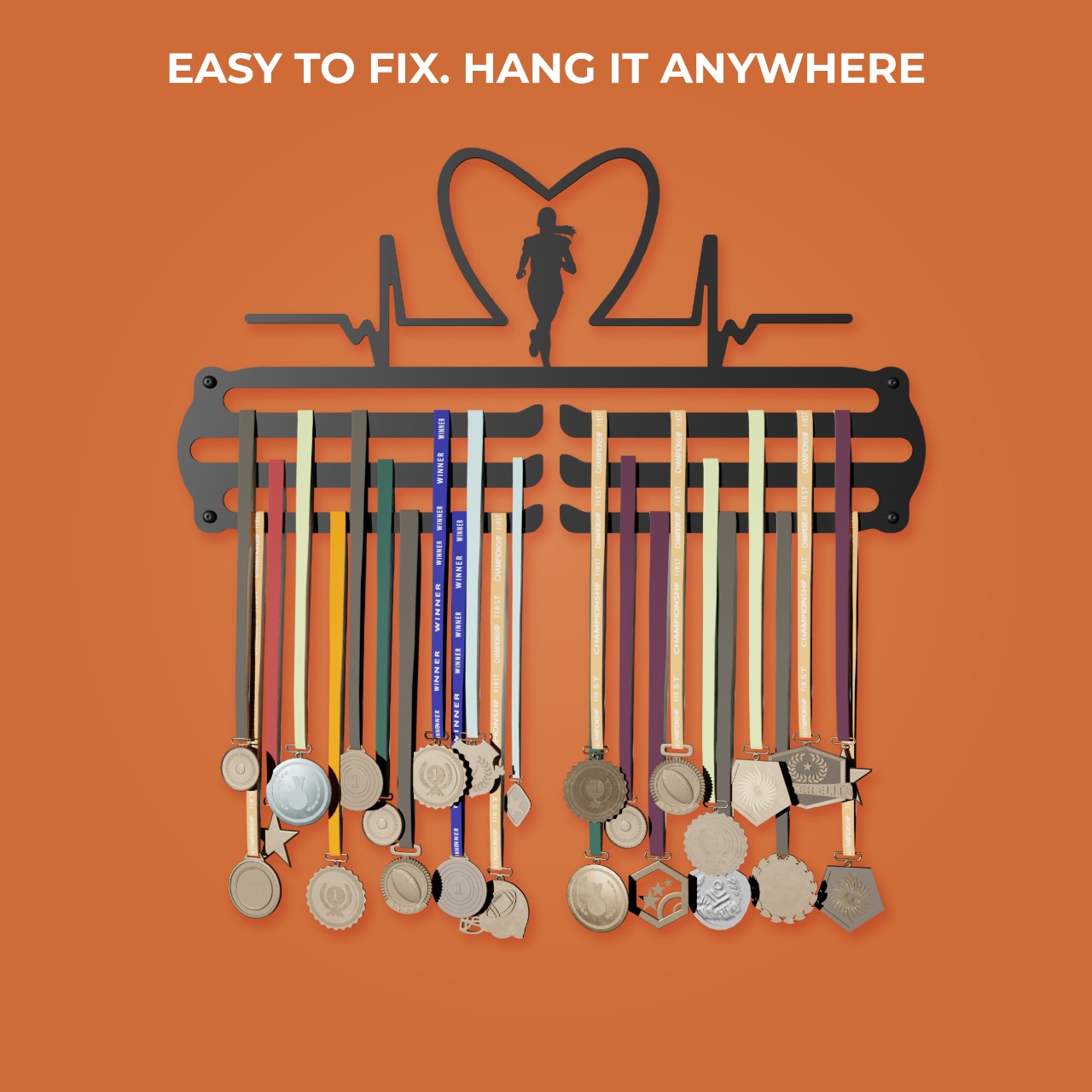 Heart Rate Girl -  Hang up to 60+ Medals - Steel (48 * 30 CM) - Glory Medal Hangers Wall Display | Black, Glossy Finish