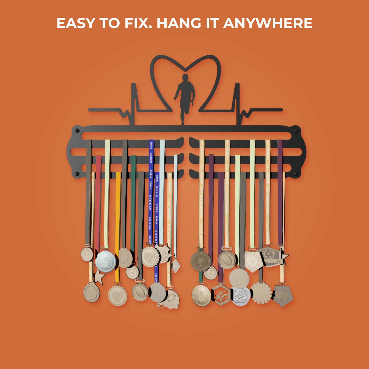 Heart Rate Men -  Hang up to 60+ Medals - Steel (48 * 30 CM) - Glory Medal Hangers Wall Display | Black, Glossy Finish