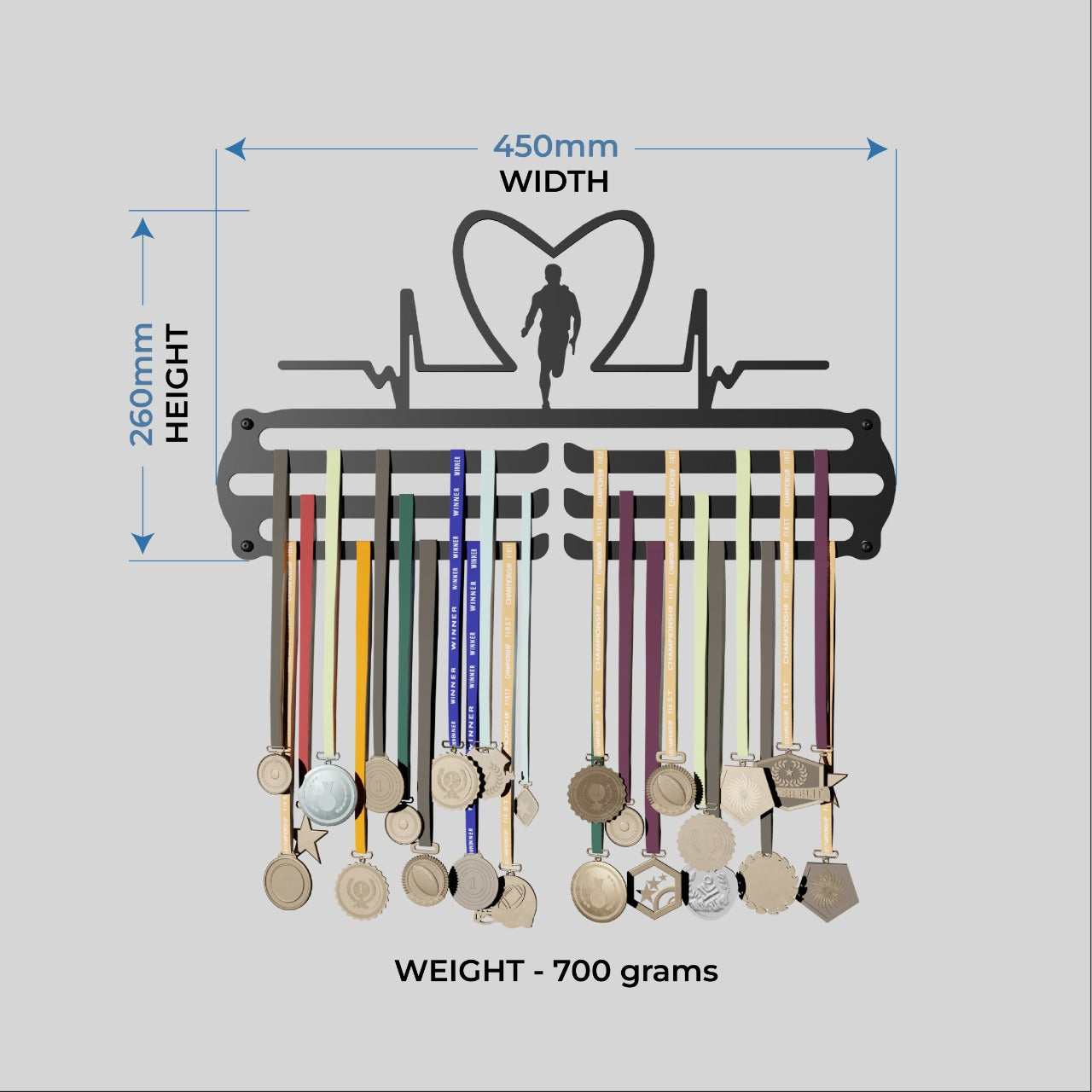 Heart Rate Men -  Hang up to 60+ Medals - Steel (48 * 30 CM) - Glory Medal Hangers Wall Display | Black, Glossy Finish