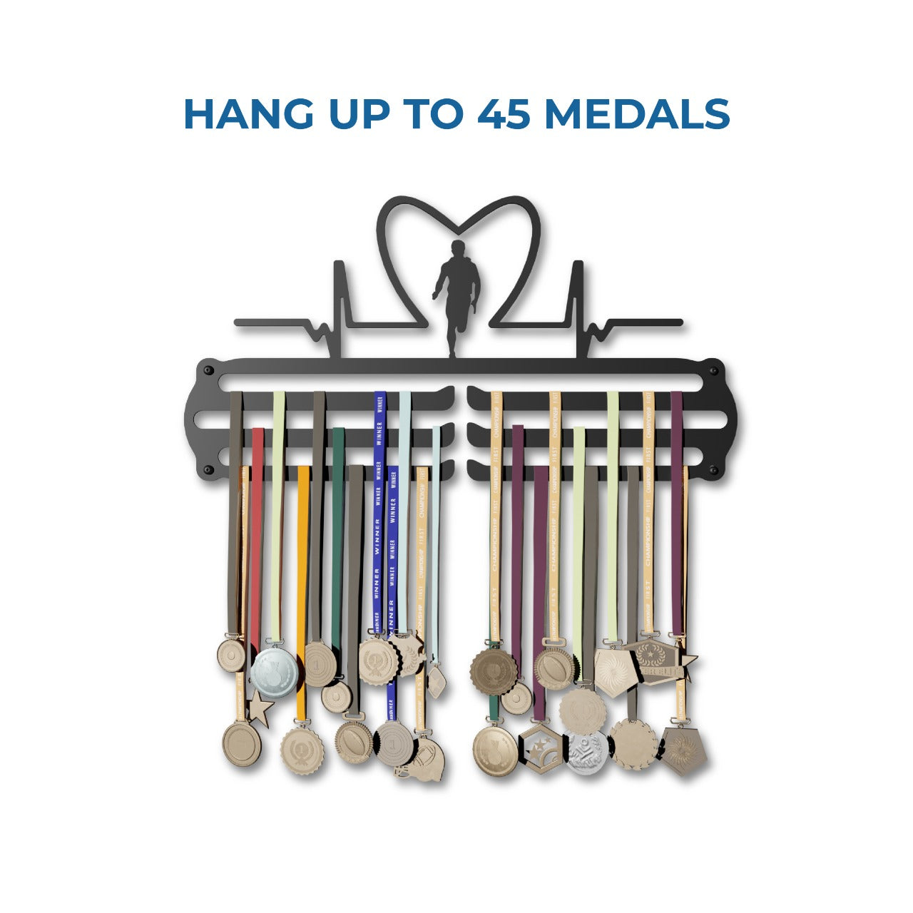 Heart Rate Men -  Hang up to 60+ Medals - Steel (48 * 30 CM) - Glory Medal Hangers Wall Display | Black, Glossy Finish