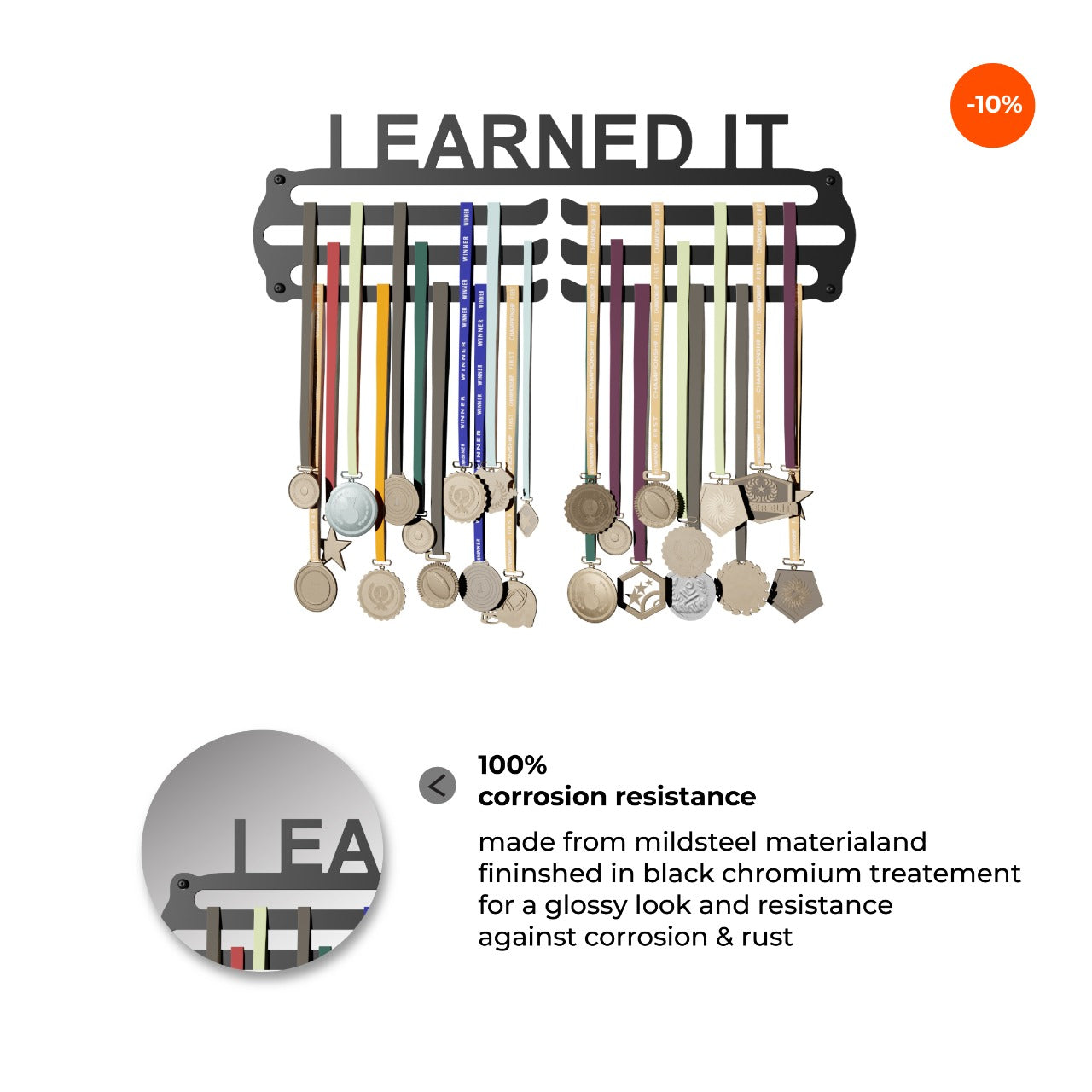 I Earned It Design - Hang up to 60+ Medals - Steel (48 * 30 CM) - Glory Medal Hangers Wall Display | Black, Glossy Finish