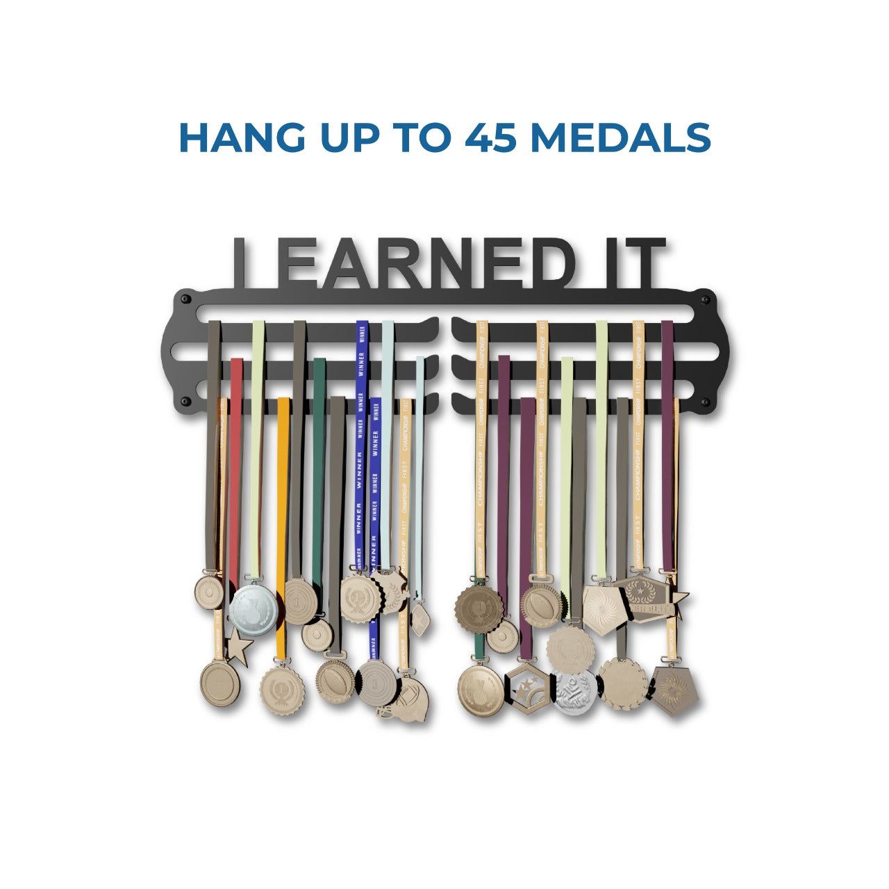 I Earned It Design - Hang up to 60+ Medals - Steel (48 * 30 CM) - Glory Medal Hangers Wall Display | Black, Glossy Finish